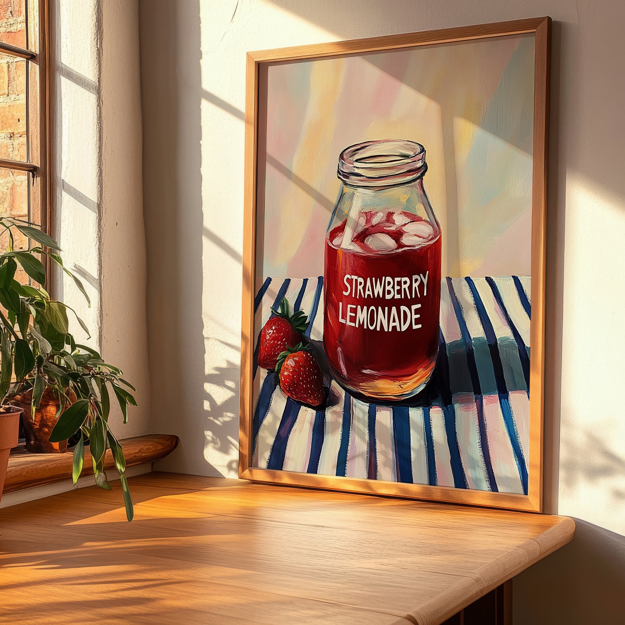 Strawberry Lemonade – on Striped Tablecloth, Lemonade Painting, clean layout with no caption