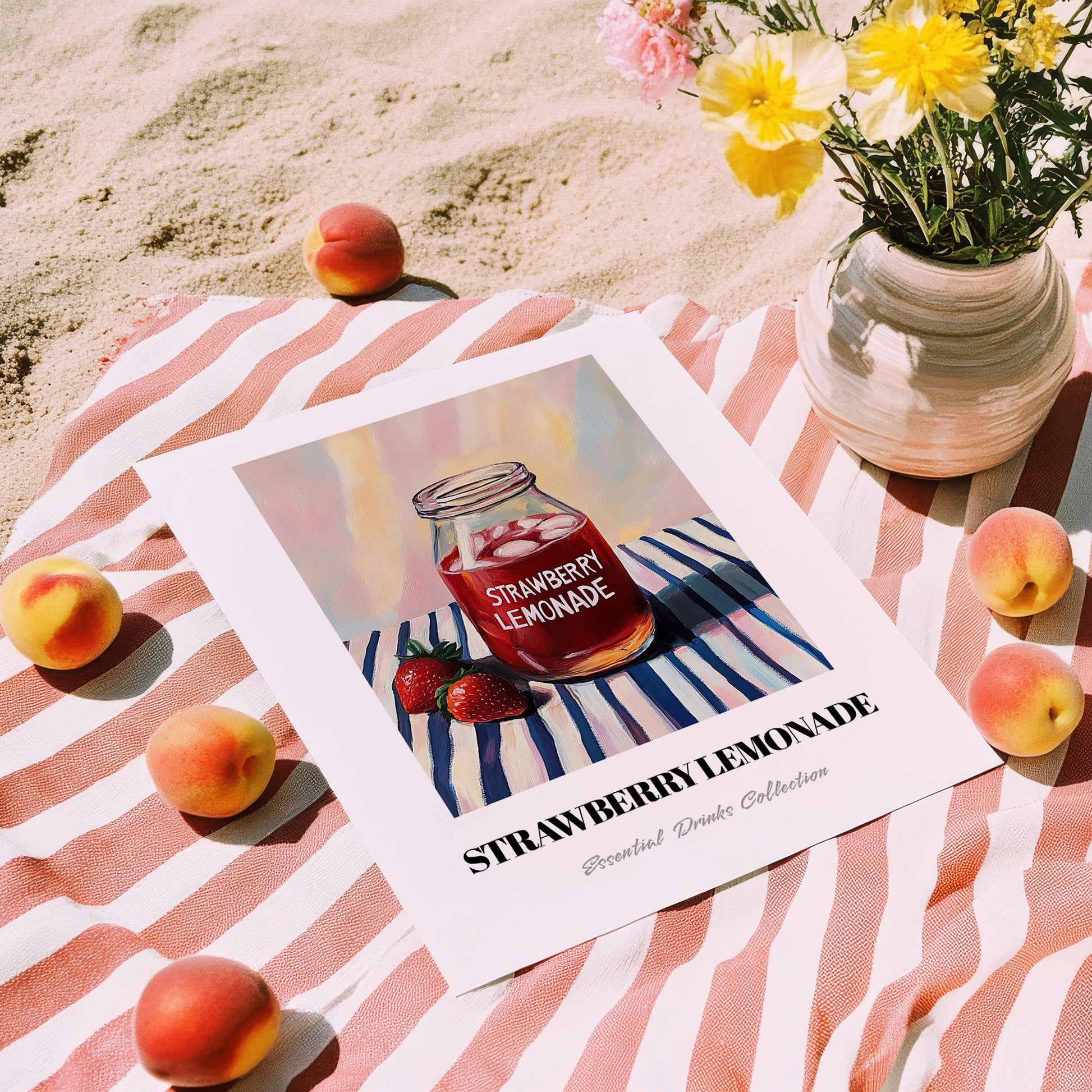 Strawberry Lemonade – on Striped Tablecloth, Lemonade Painting, unframed on coastal sand