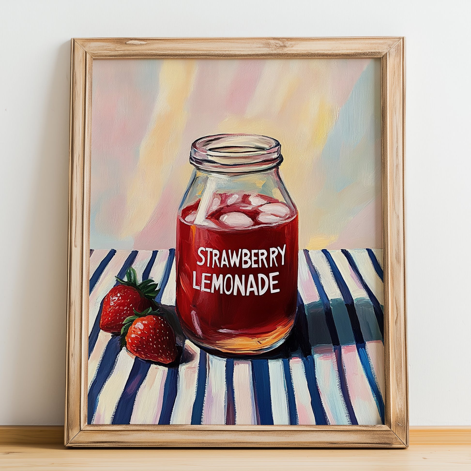Strawberry Lemonade – on Striped Tablecloth, Lemonade Painting, no-text version framed in wood