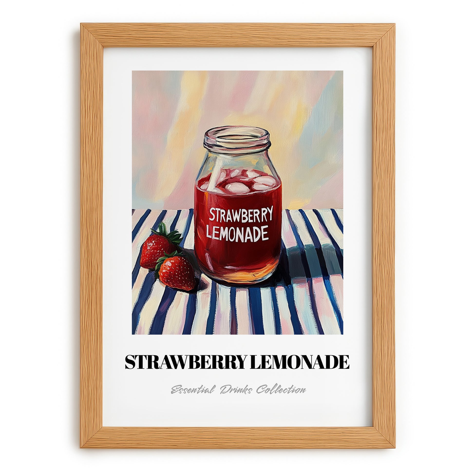 Strawberry Lemonade – on Striped Tablecloth, Lemonade Painting, set in oak frame