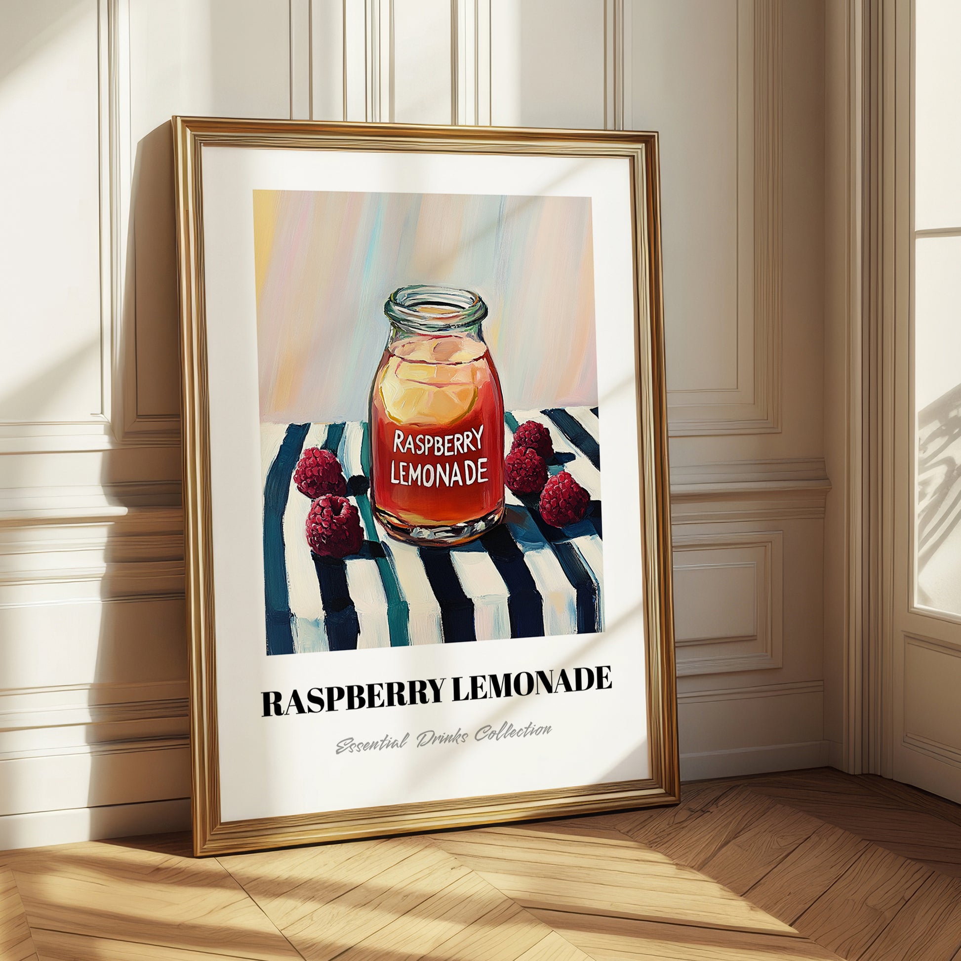 Raspberry Lemonade – on Striped Tablecloth, Lemonade Painting