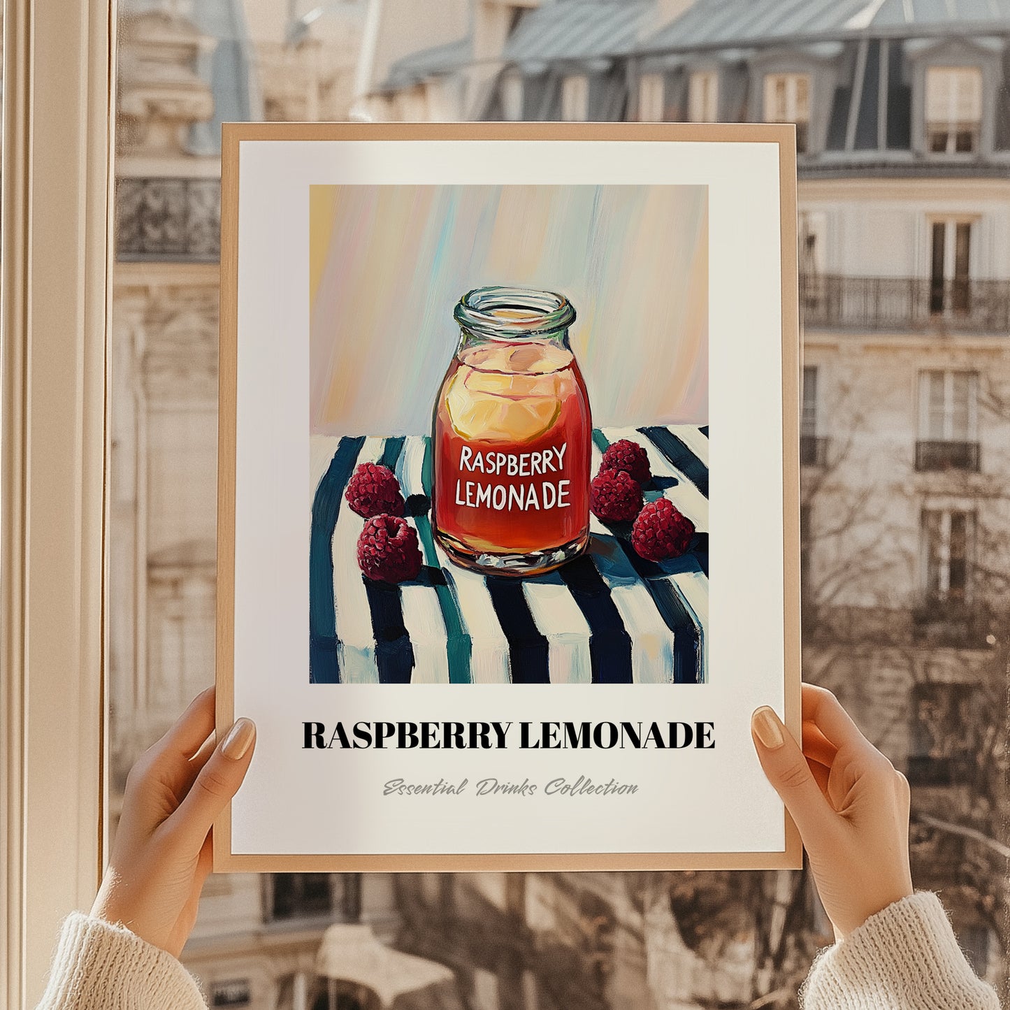 Raspberry Lemonade – on Striped Tablecloth, Lemonade Painting, styled in a charming Paris street view