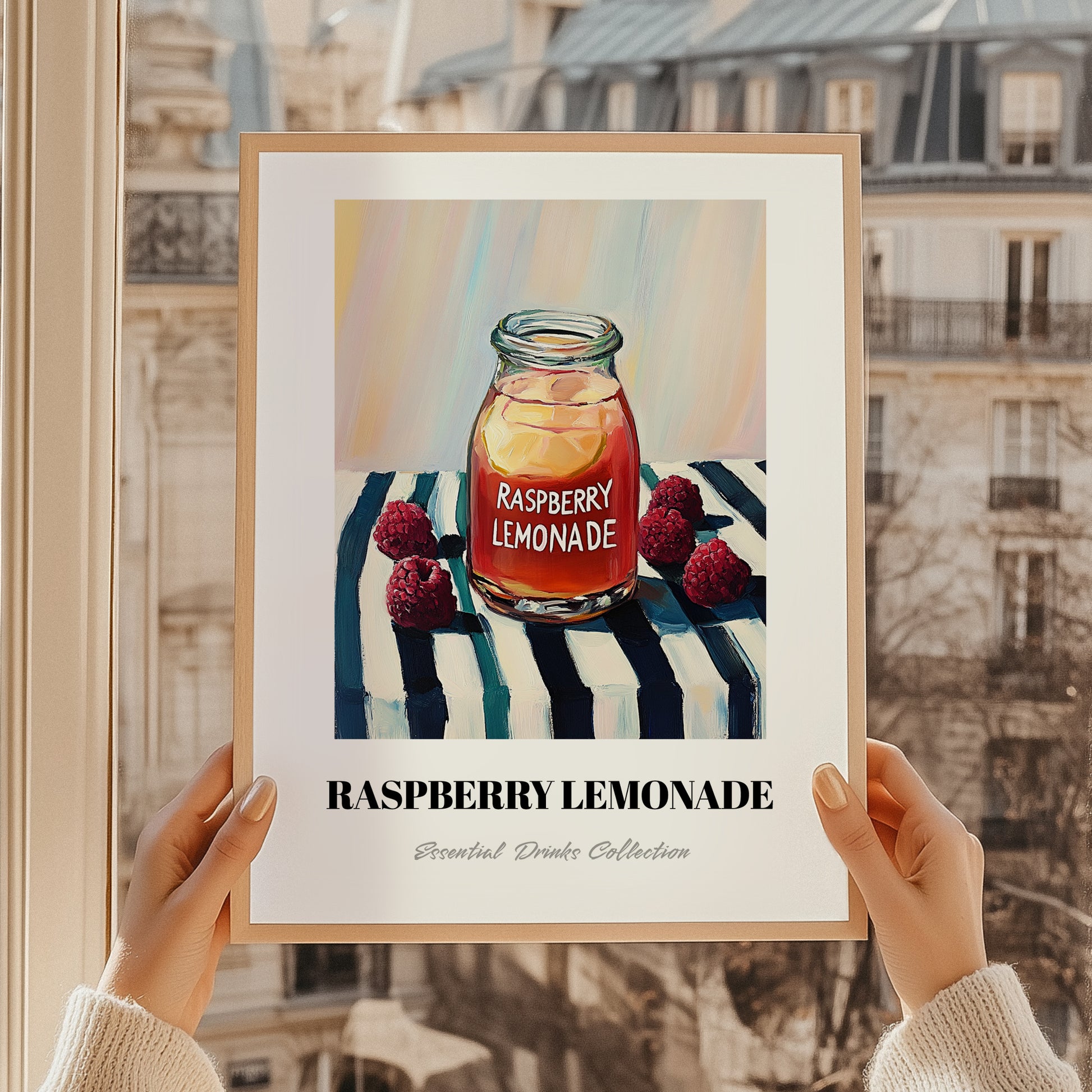 Raspberry Lemonade – on Striped Tablecloth, Lemonade Painting, styled in a charming Paris street view