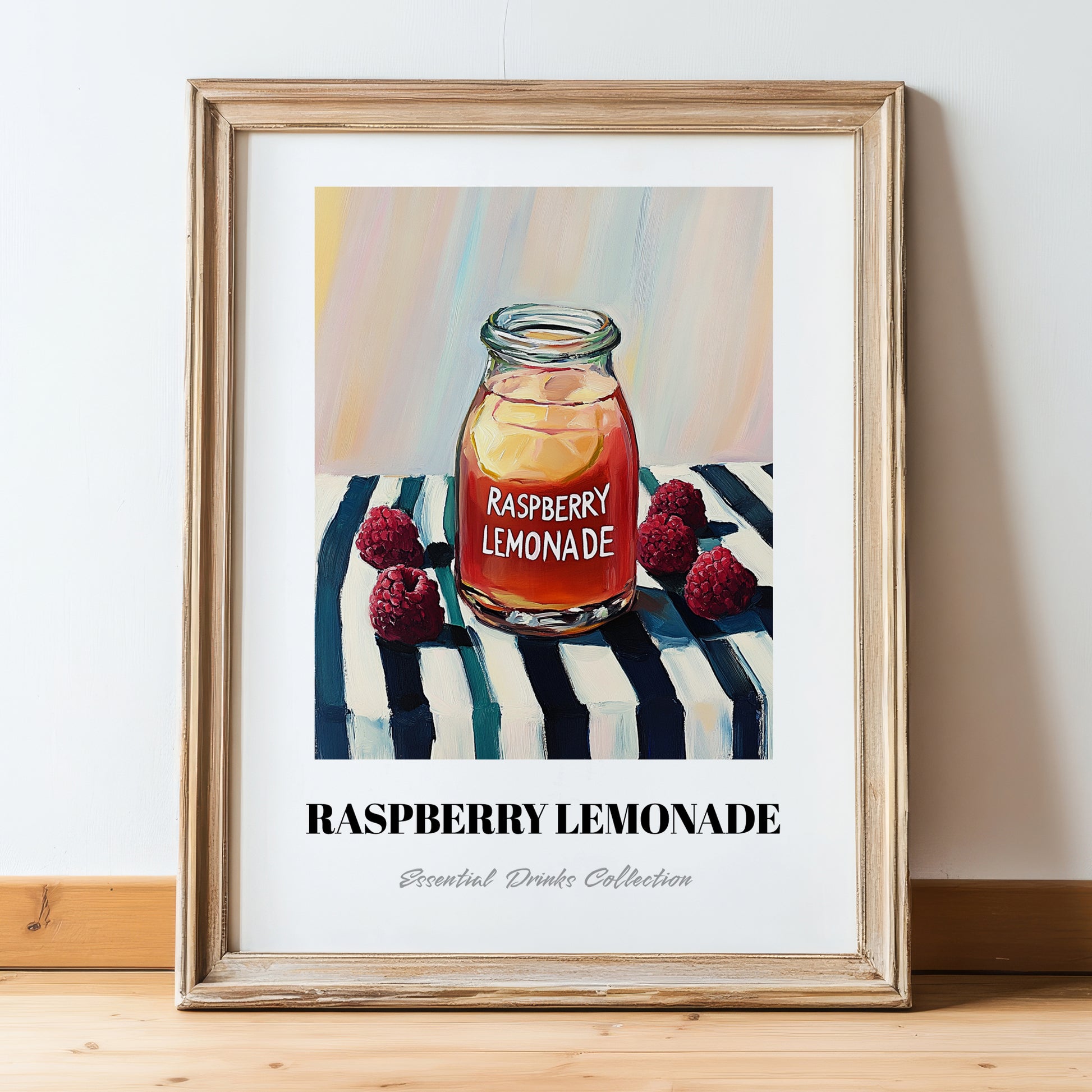 Raspberry Lemonade – on Striped Tablecloth, Lemonade Painting, in wooden frame leaning on the floor