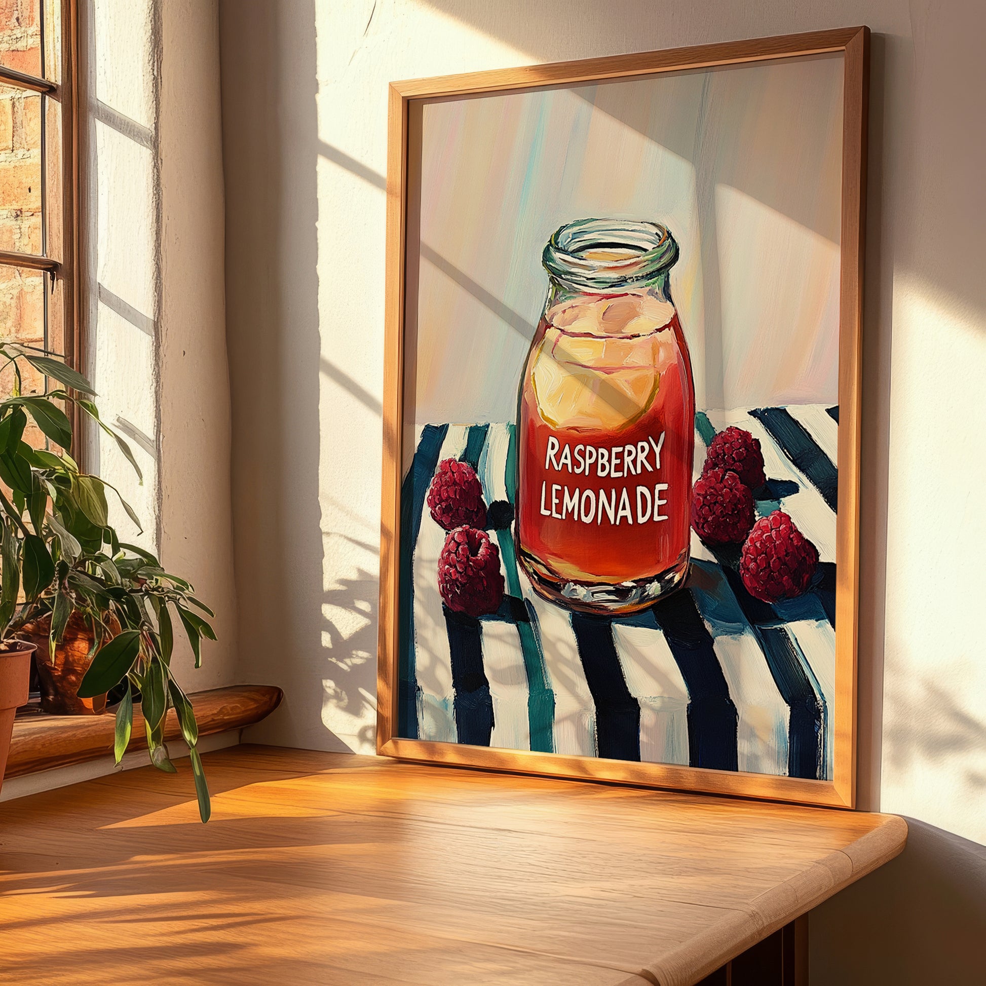 Raspberry Lemonade – on Striped Tablecloth, Lemonade Painting, clean layout with no caption