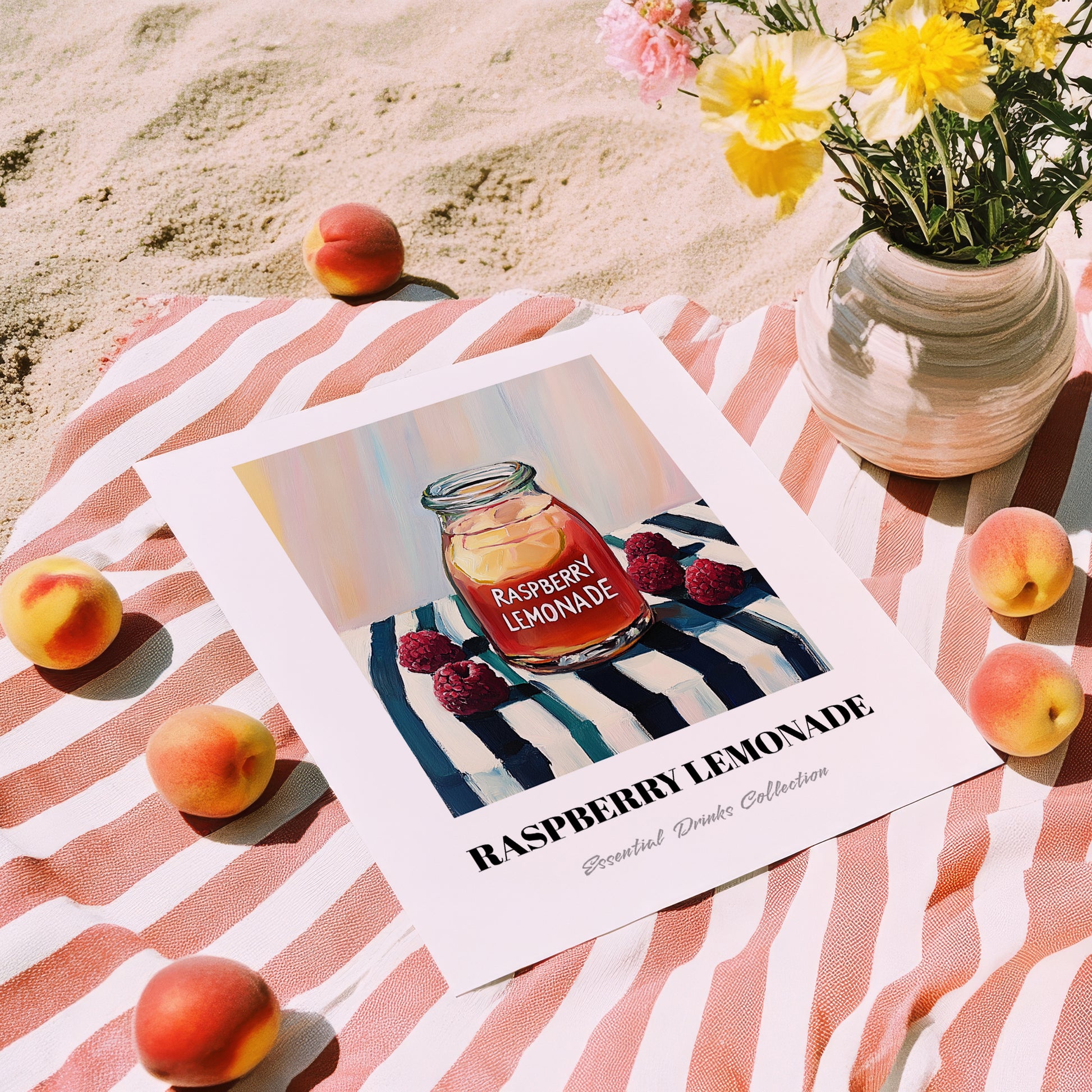 Raspberry Lemonade – on Striped Tablecloth, Lemonade Painting, unframed on coastal sand