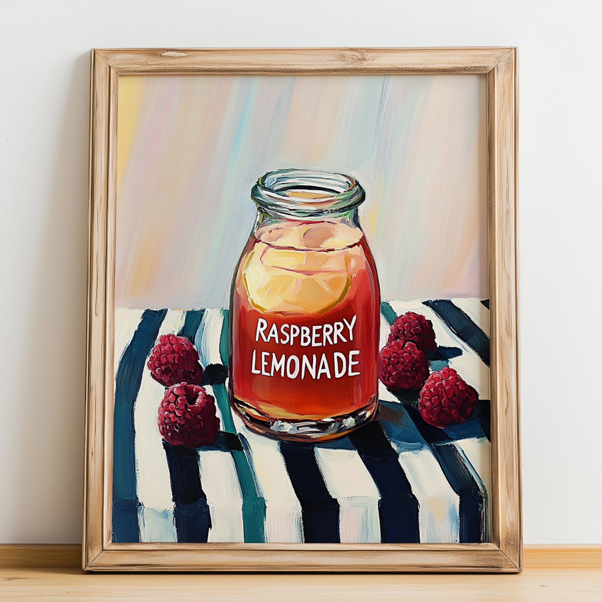 Raspberry Lemonade – on Striped Tablecloth, Lemonade Painting, no-text version framed in wood
