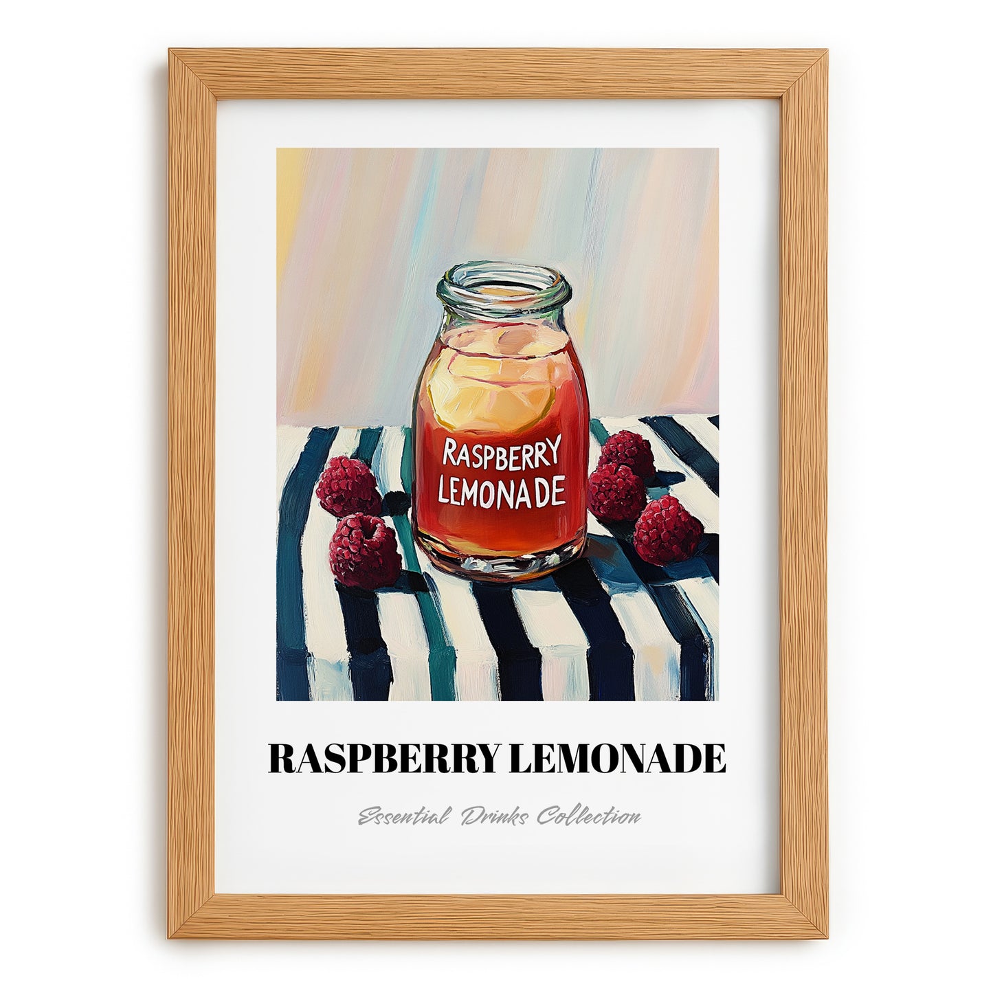 Raspberry Lemonade – on Striped Tablecloth, Lemonade Painting, set in oak frame