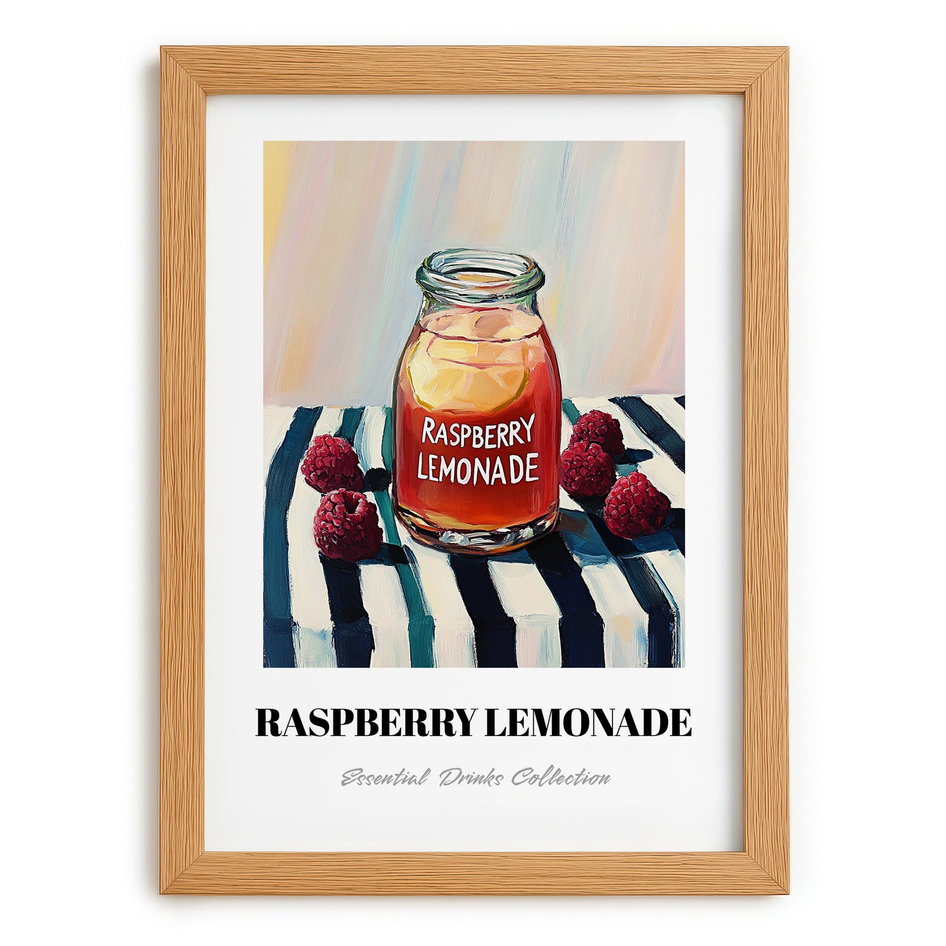 Raspberry Lemonade – on Striped Tablecloth, Lemonade Painting, set in oak frame