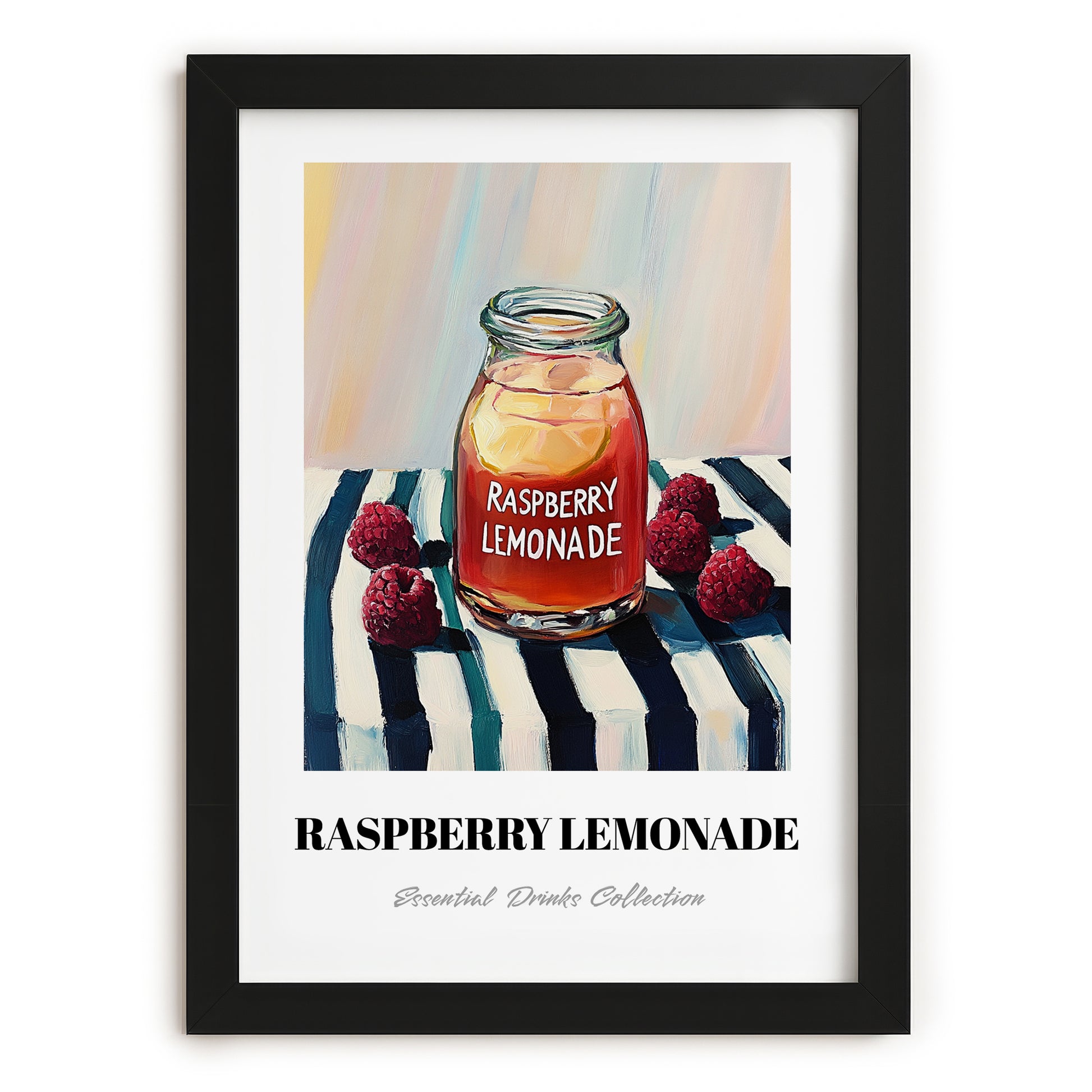 Raspberry Lemonade – on Striped Tablecloth, Lemonade Painting, in sleek black frame