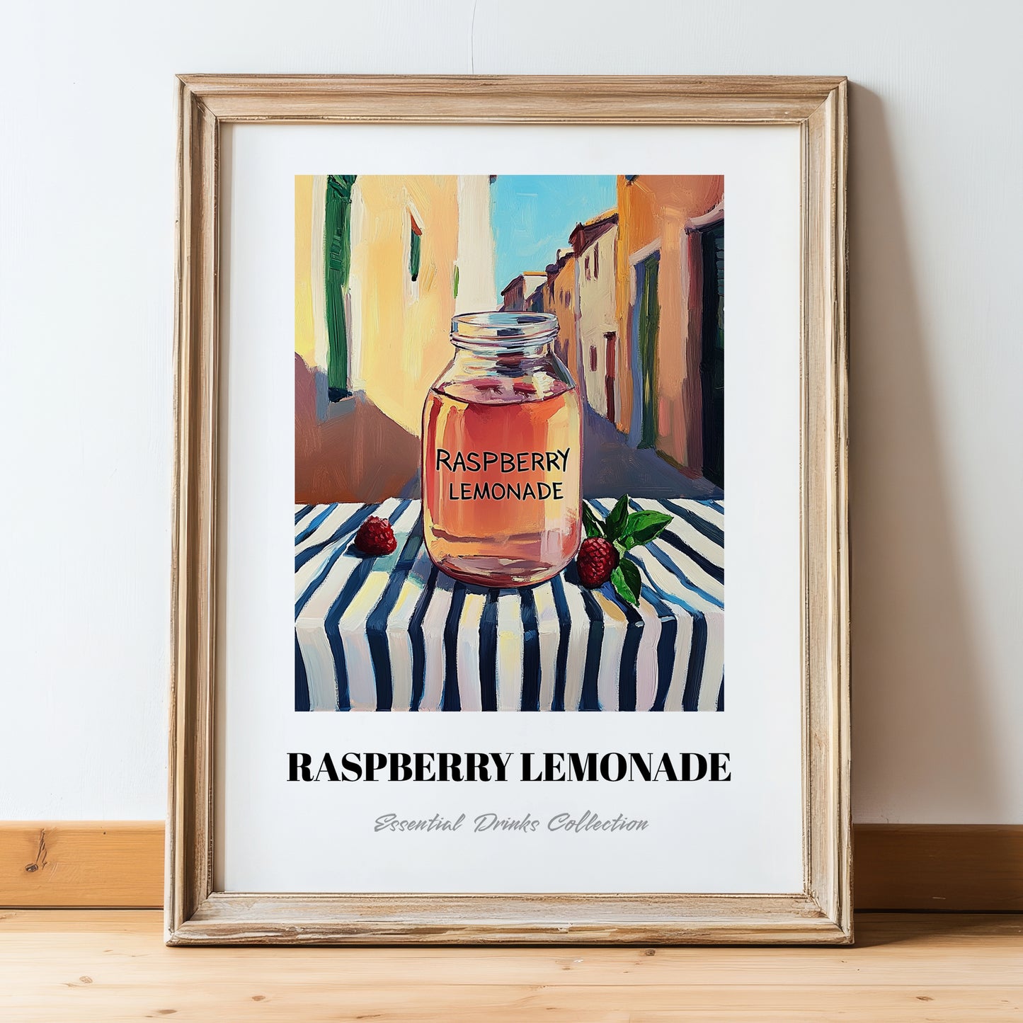 Raspberry Lemonade – Italian Outdoor Café Scene, Lemonade Wall Print, in wooden frame leaning on the floor