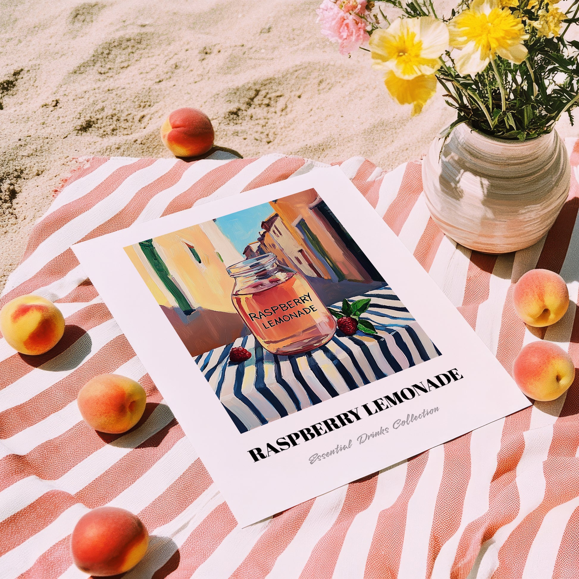 Raspberry Lemonade – Italian Outdoor Café Scene, Lemonade Wall Print, unframed on coastal sand