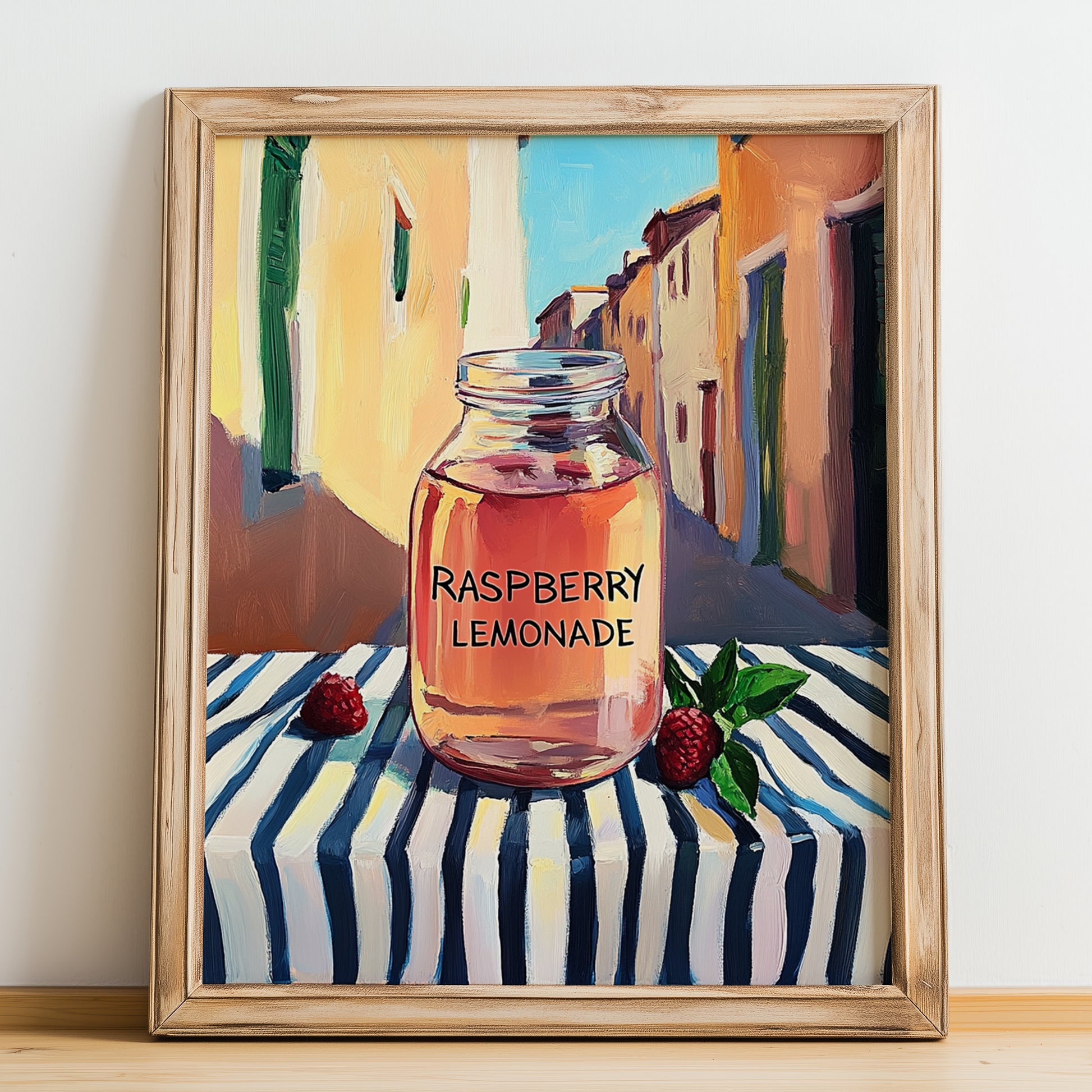 Raspberry Lemonade – Italian Outdoor Café Scene, Lemonade Wall Print, no-text version framed in wood