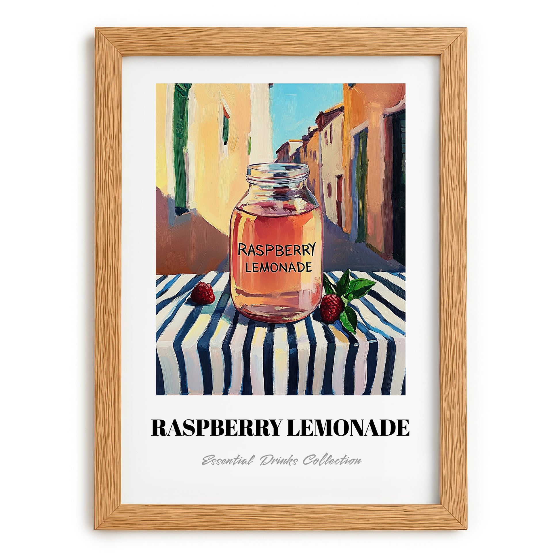 Raspberry Lemonade – Italian Outdoor Café Scene, Lemonade Wall Print, set in oak frame