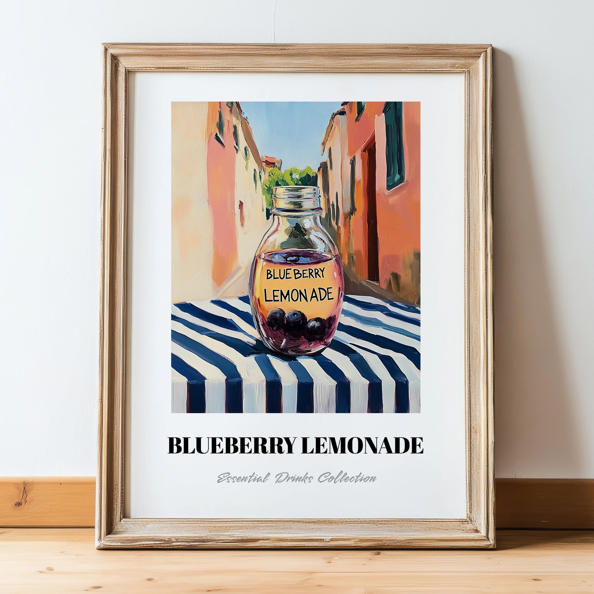 Blueberry Lemonade – Italian Outdoor Café Scene, Lemonade Wall Decor, in wooden frame leaning on the floor