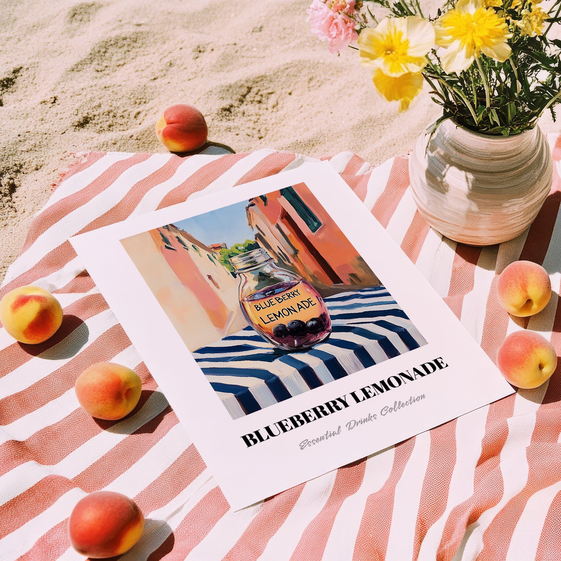 Blueberry Lemonade – Italian Outdoor Café Scene, Lemonade Wall Decor, unframed on coastal sand