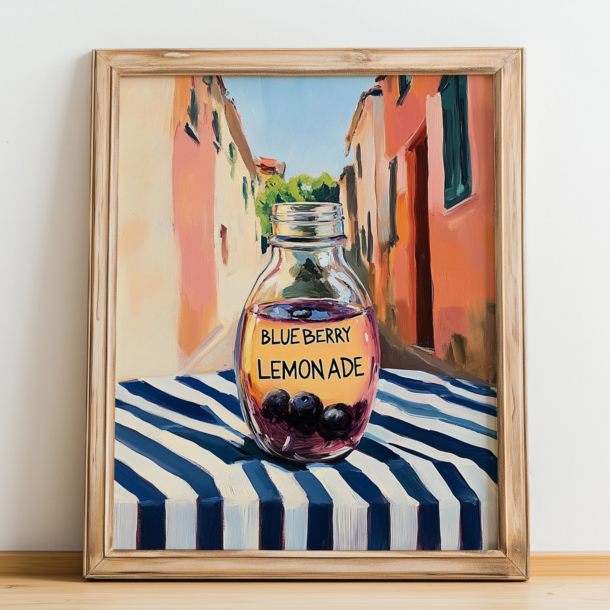 Blueberry Lemonade – Italian Outdoor Café Scene, Lemonade Wall Decor, no-text version framed in wood