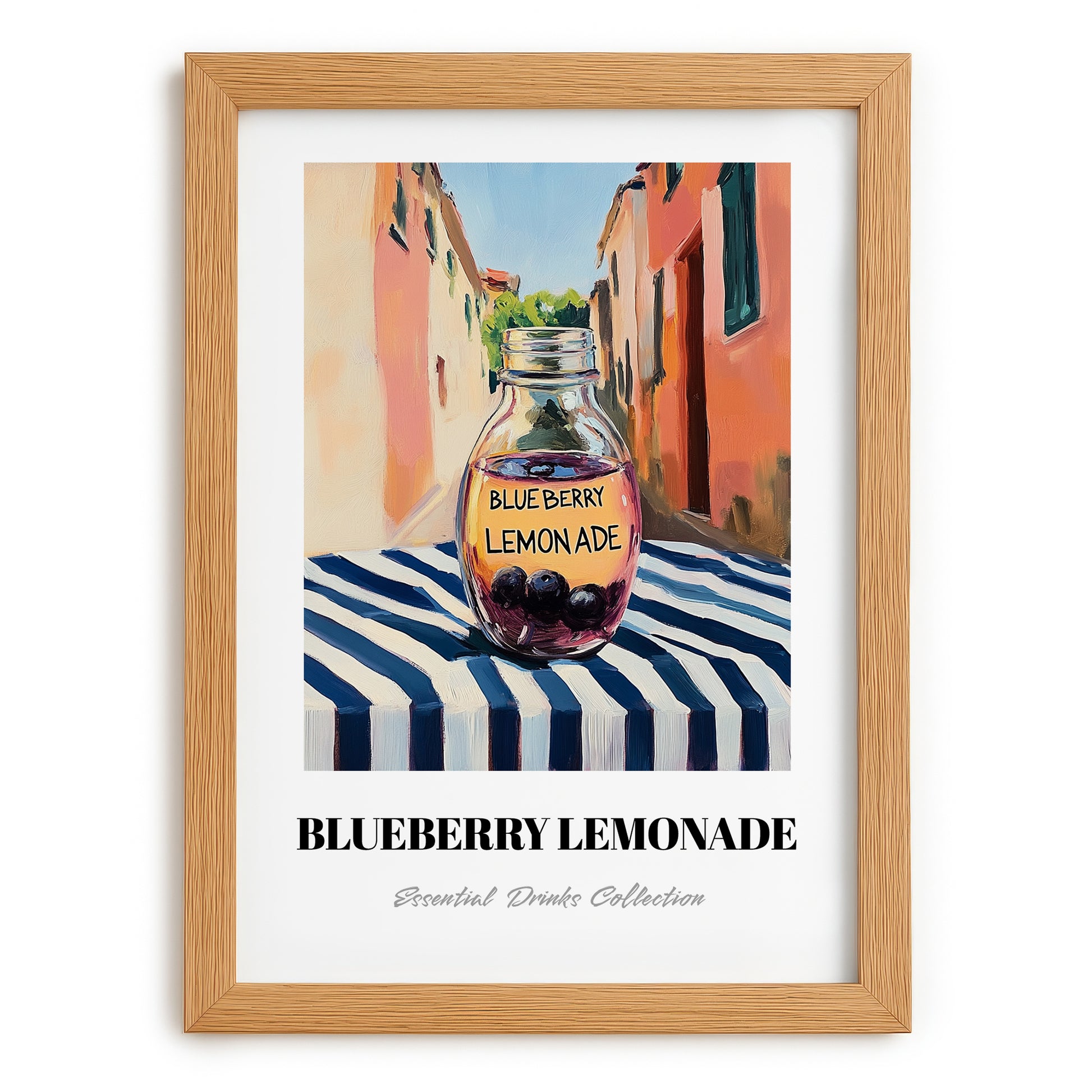 Blueberry Lemonade – Italian Outdoor Café Scene, Lemonade Wall Decor, set in oak frame