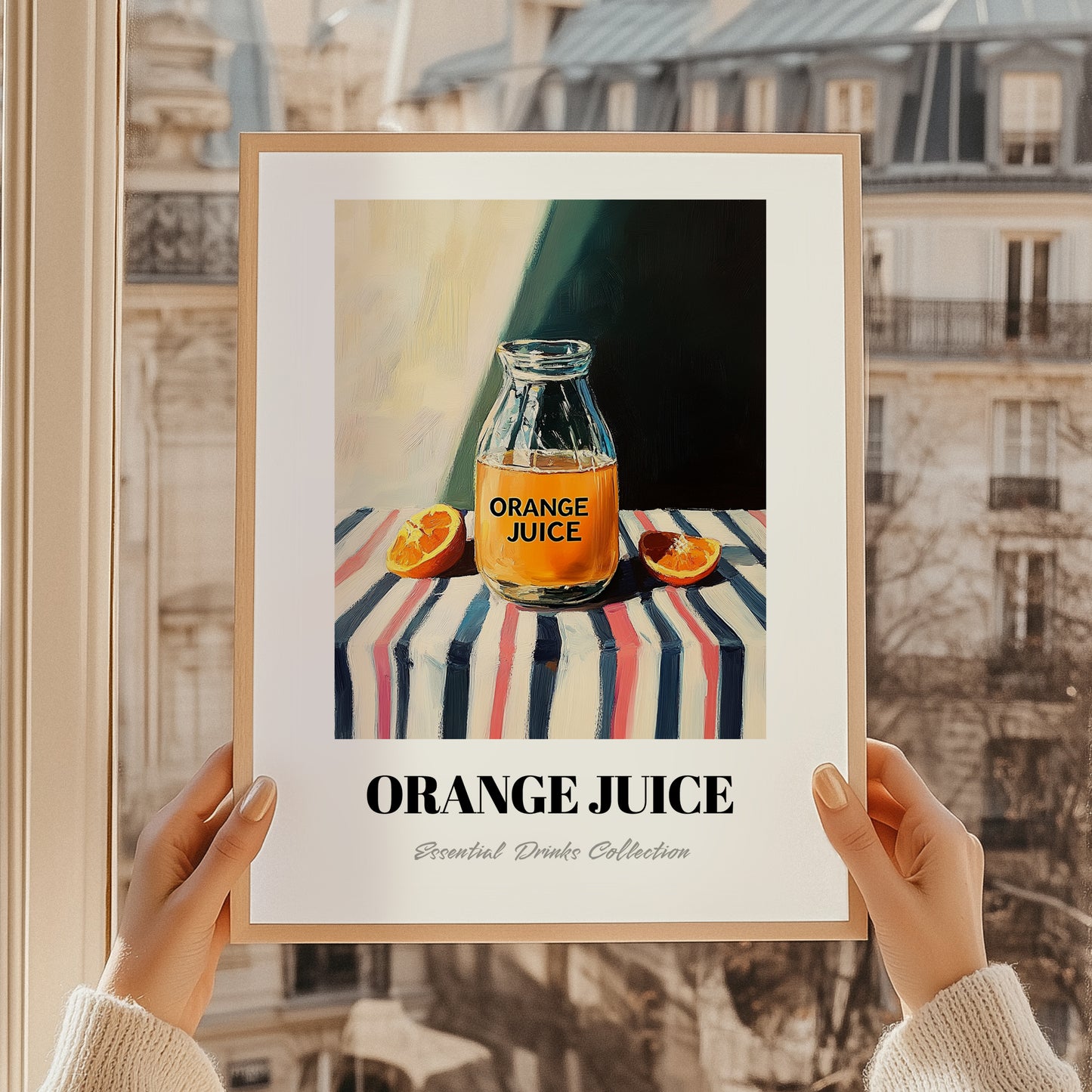 Orange Juice – on Striped Tablecloth, Lemonade Poster, styled in a charming Paris street view