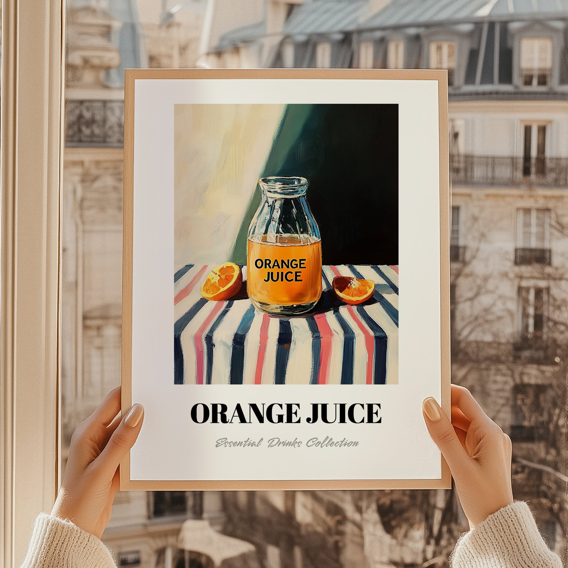 Orange Juice – on Striped Tablecloth, Lemonade Poster, styled in a charming Paris street view