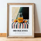 Orange Juice – on Striped Tablecloth, Lemonade Poster, in wooden frame leaning on the floor