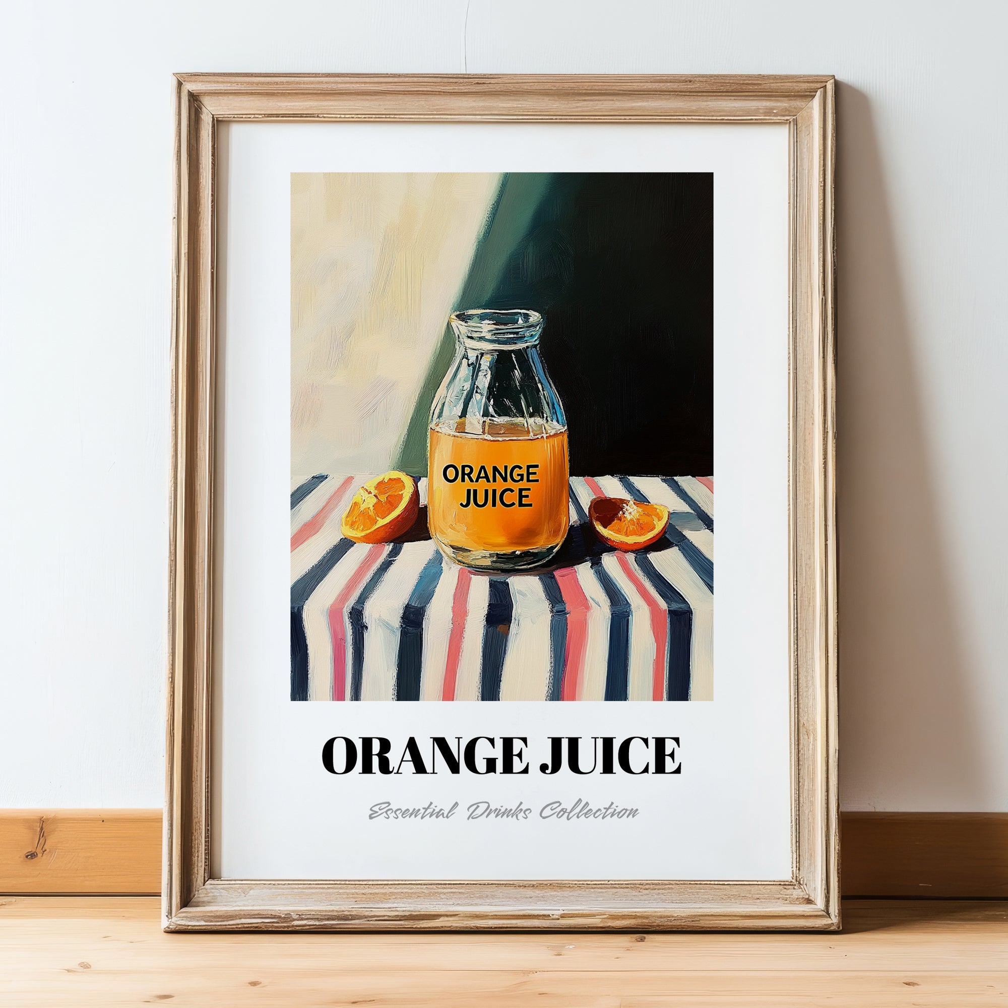 Orange Juice – on Striped Tablecloth, Lemonade Poster, in wooden frame leaning on the floor