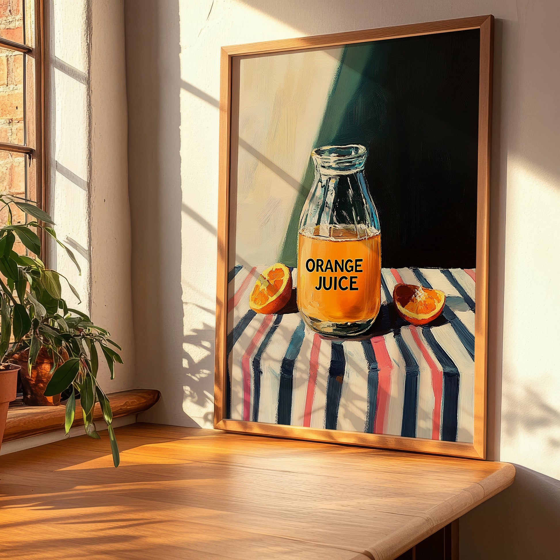 Orange Juice – on Striped Tablecloth, Lemonade Poster, clean layout with no caption