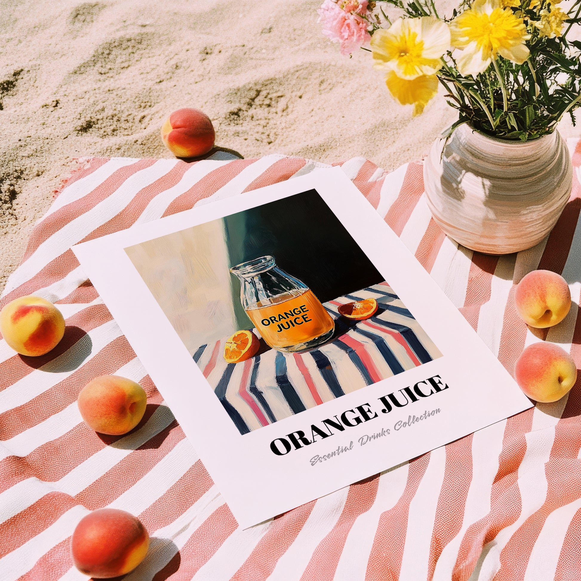 Orange Juice – on Striped Tablecloth, Lemonade Poster, unframed on coastal sand