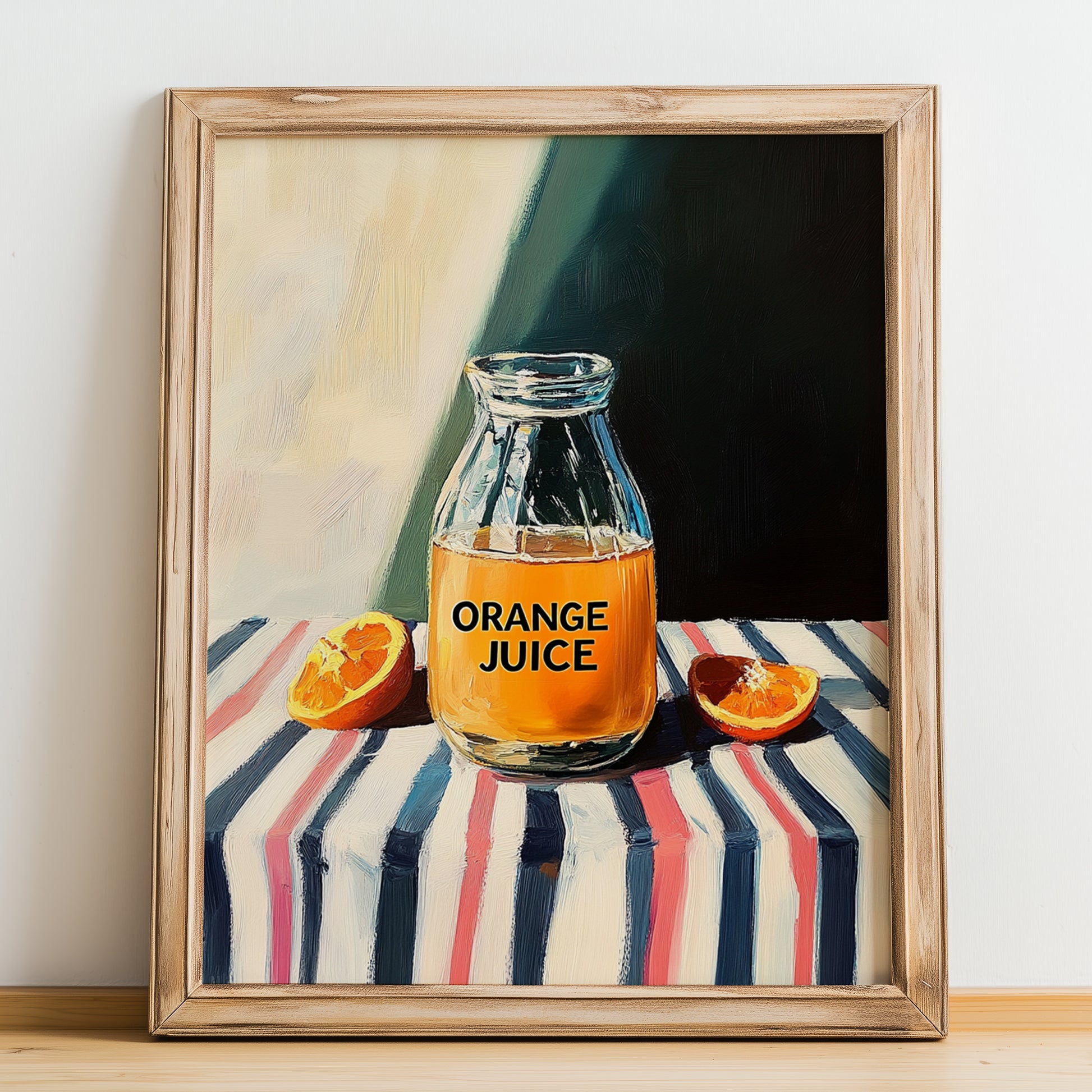 Orange Juice – on Striped Tablecloth, Lemonade Poster, no-text version framed in wood