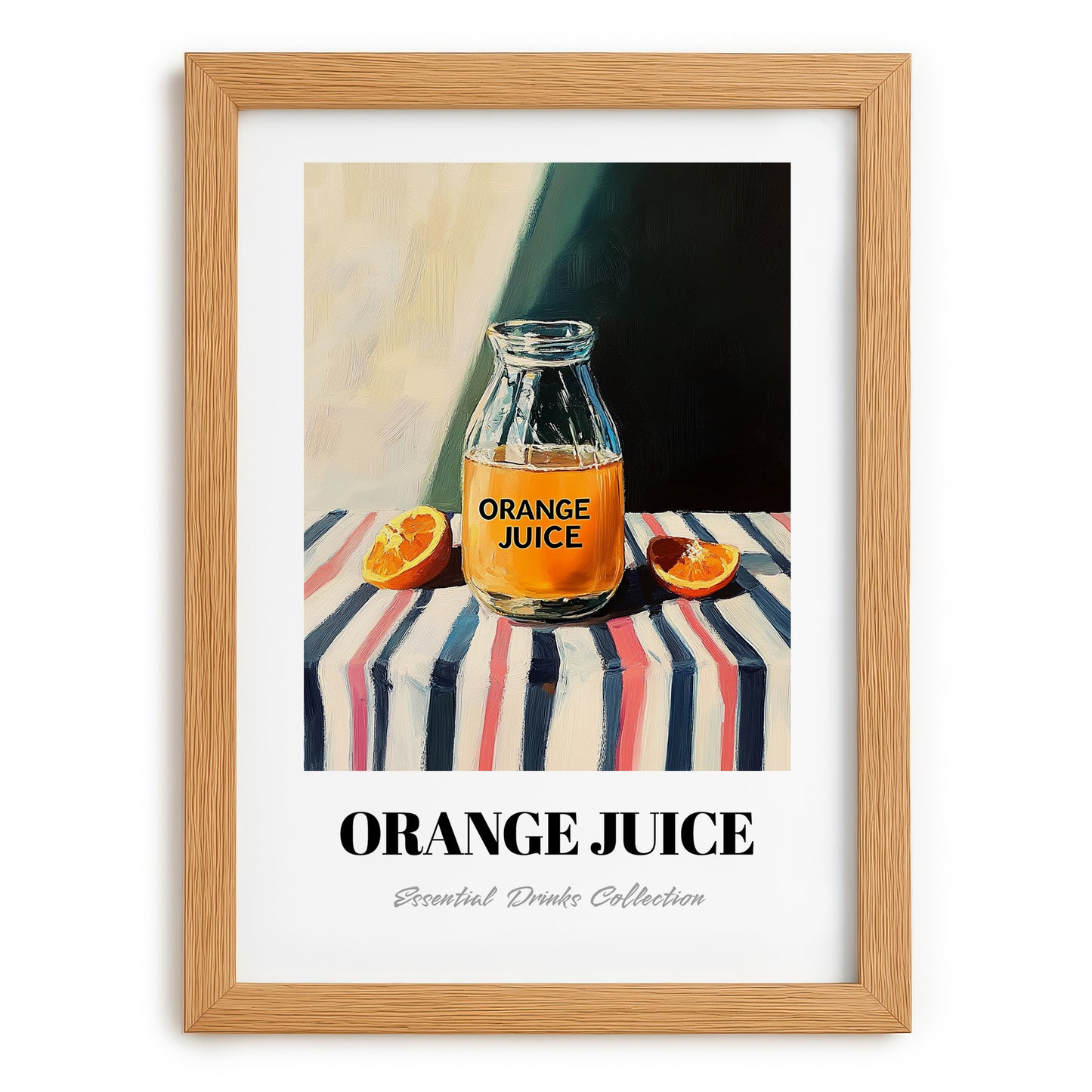 Orange Juice – on Striped Tablecloth, Lemonade Poster, set in oak frame