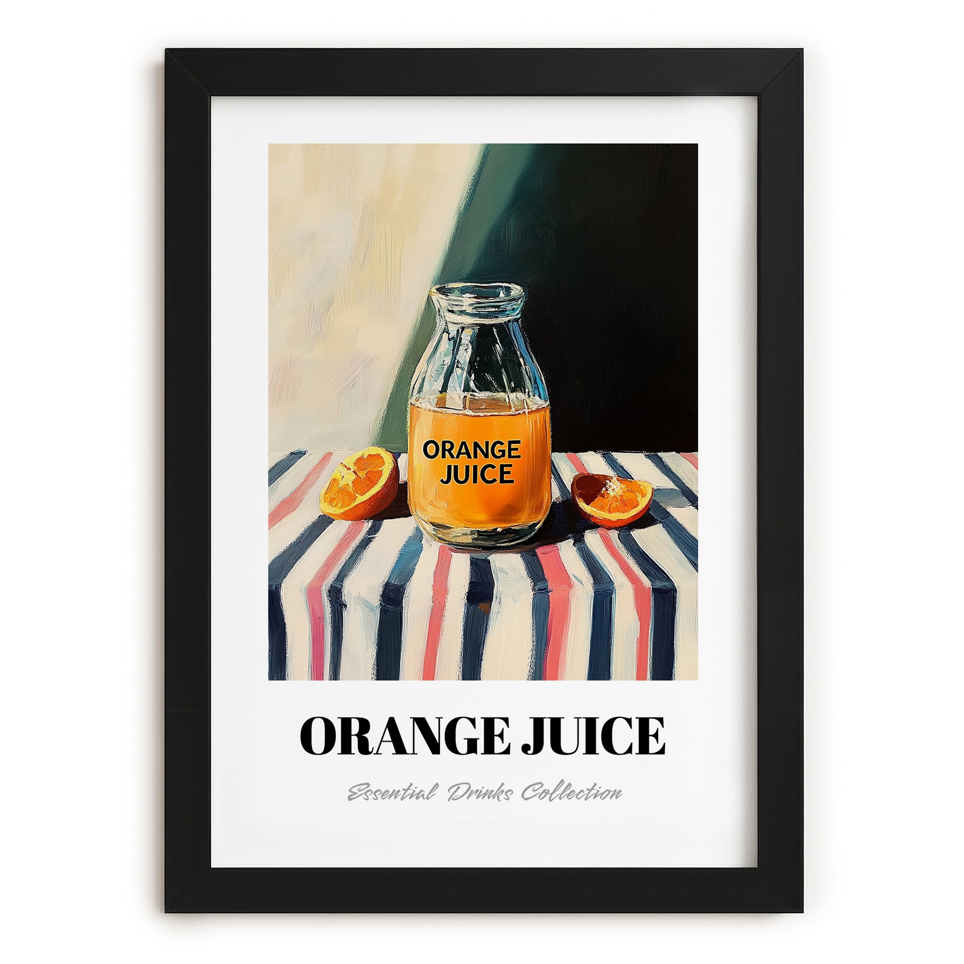 Orange Juice – on Striped Tablecloth, Lemonade Poster, in sleek black frame