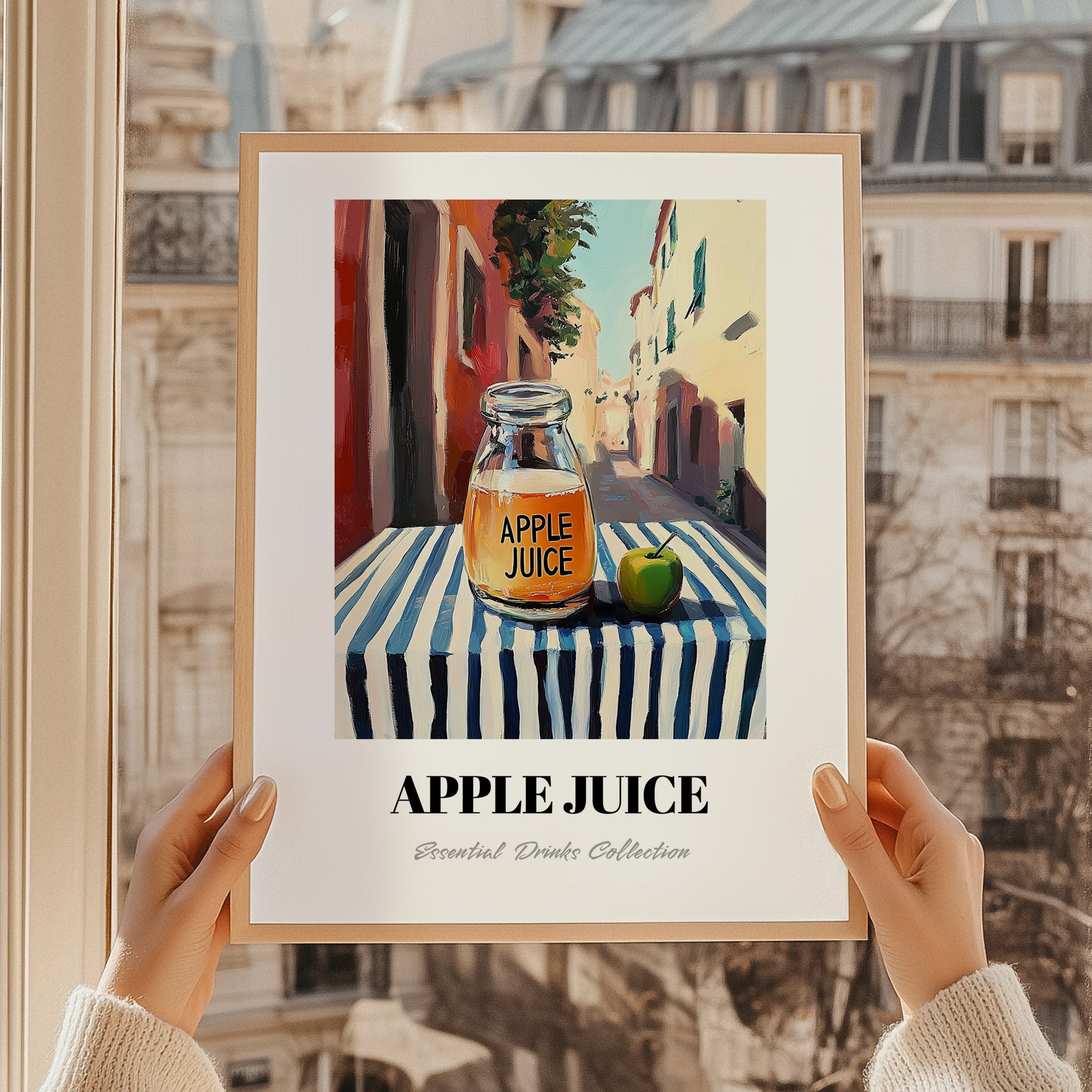 Apple Juice – Italian Café on the Corner, Lemonade Painting, styled in a charming Paris street view