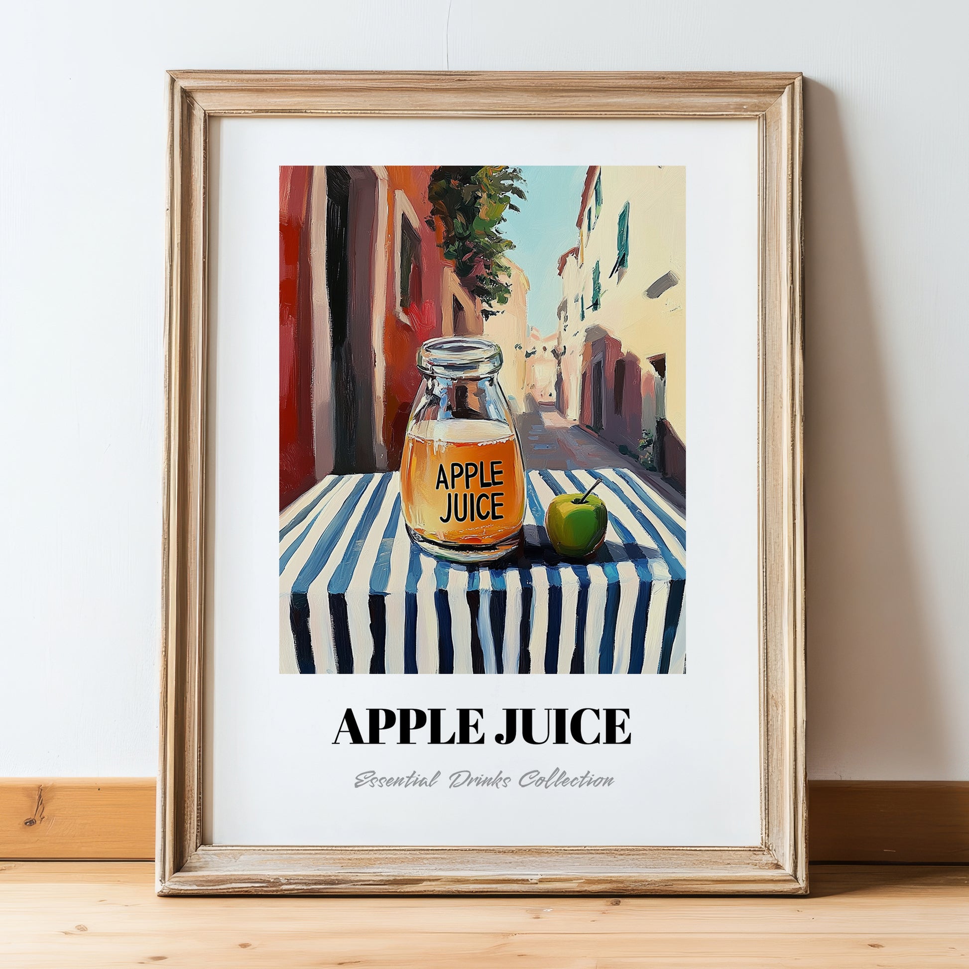 Apple Juice – Italian Café on the Corner, Lemonade Painting, in wooden frame leaning on the floor