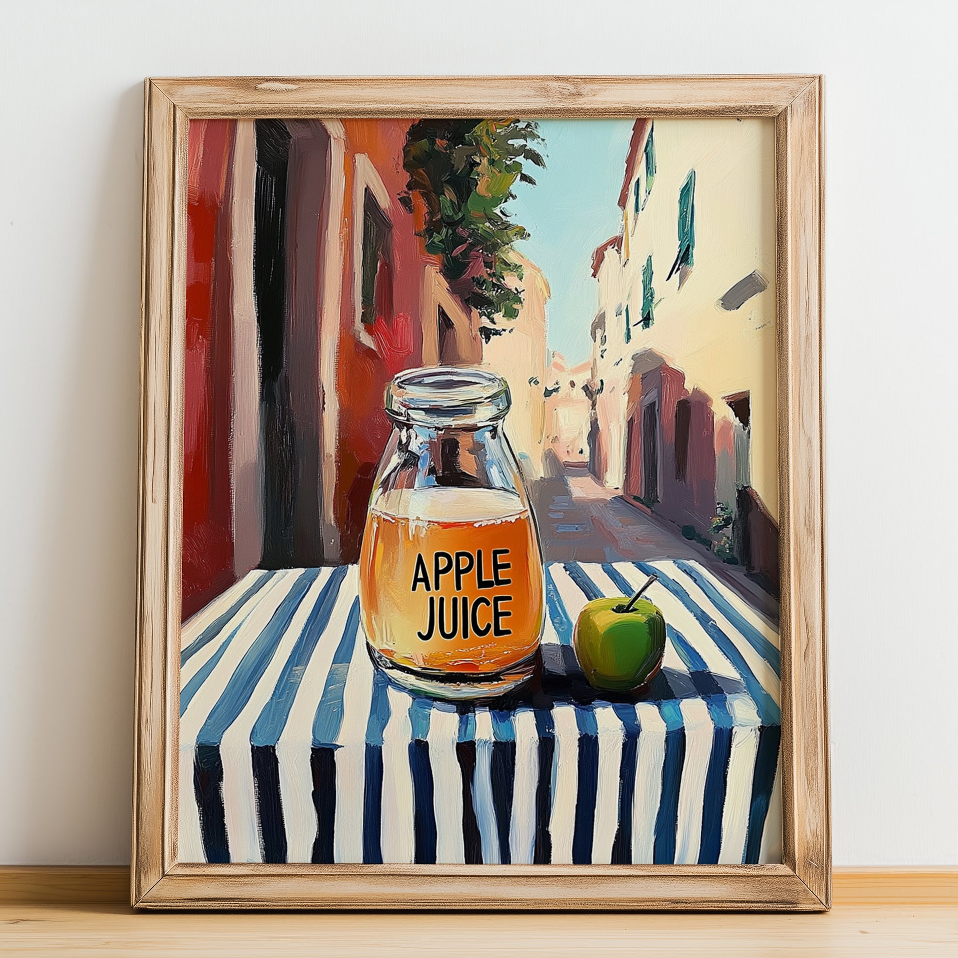 Apple Juice – Italian Café on the Corner, Lemonade Painting, no-text version framed in wood