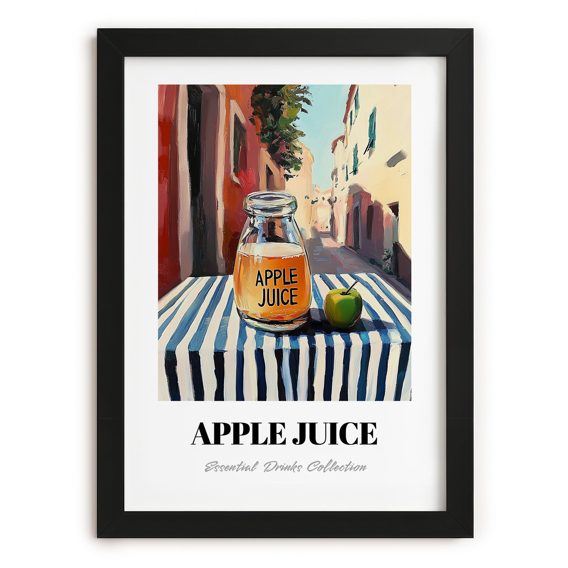 Apple Juice – Italian Café on the Corner, Lemonade Painting, in sleek black frame