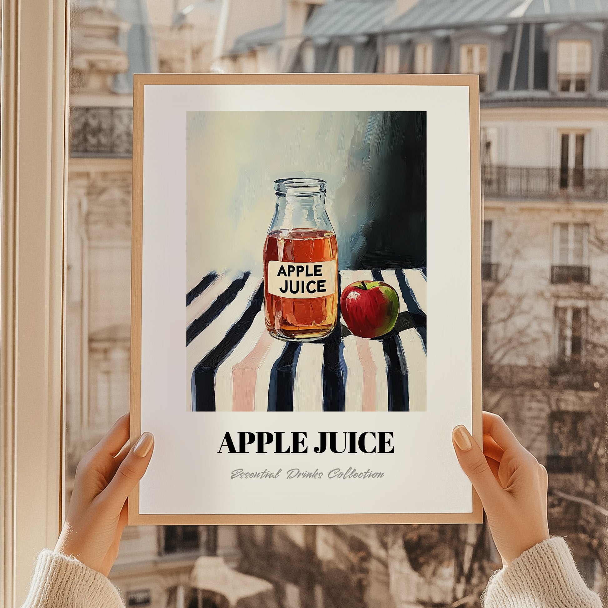 Apple Juice – on Striped Tablecloth, Lemonade Painting, styled in a charming Paris street view