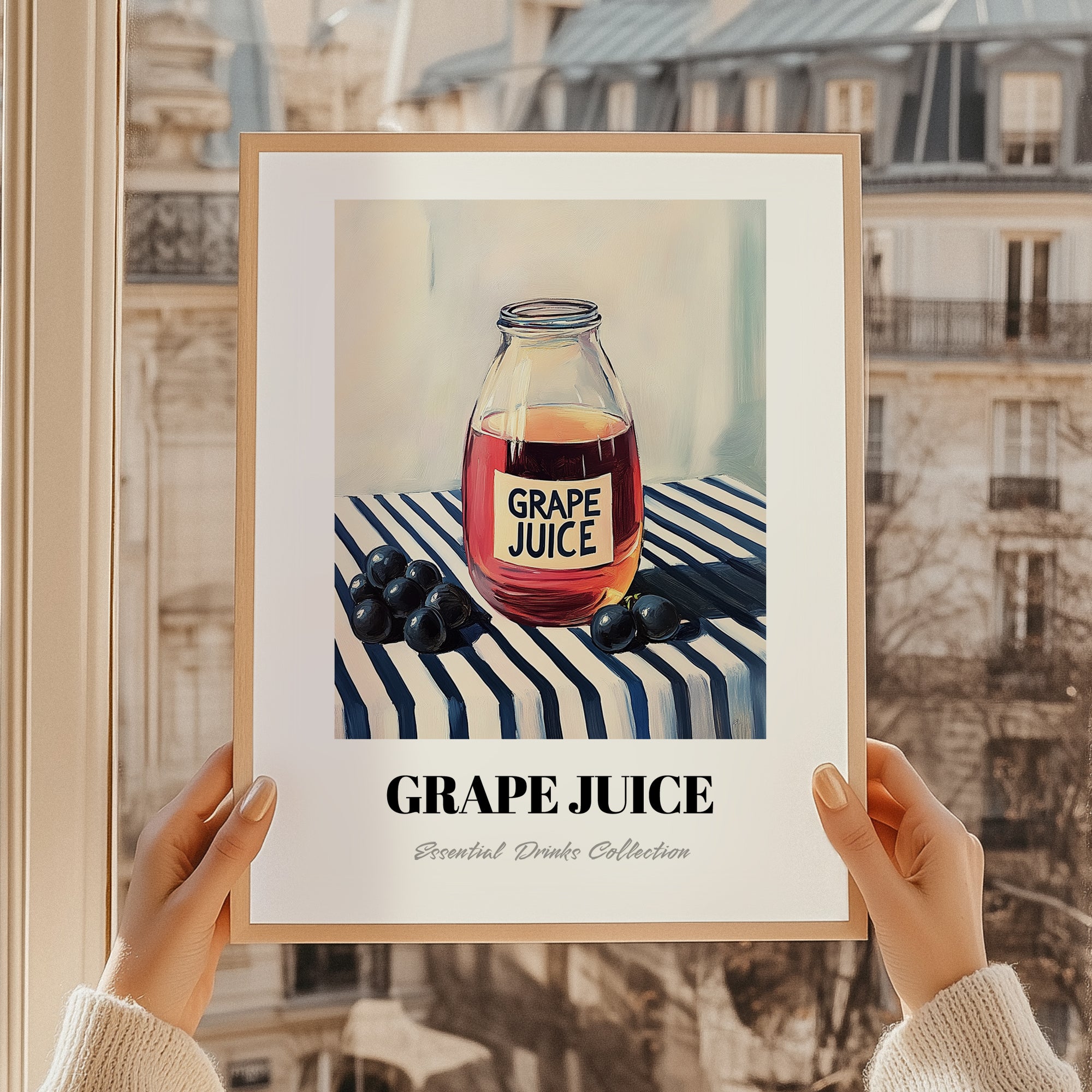 Grape Juice – on Striped Tablecloth, Lemonade Print, styled in a charming Paris street view