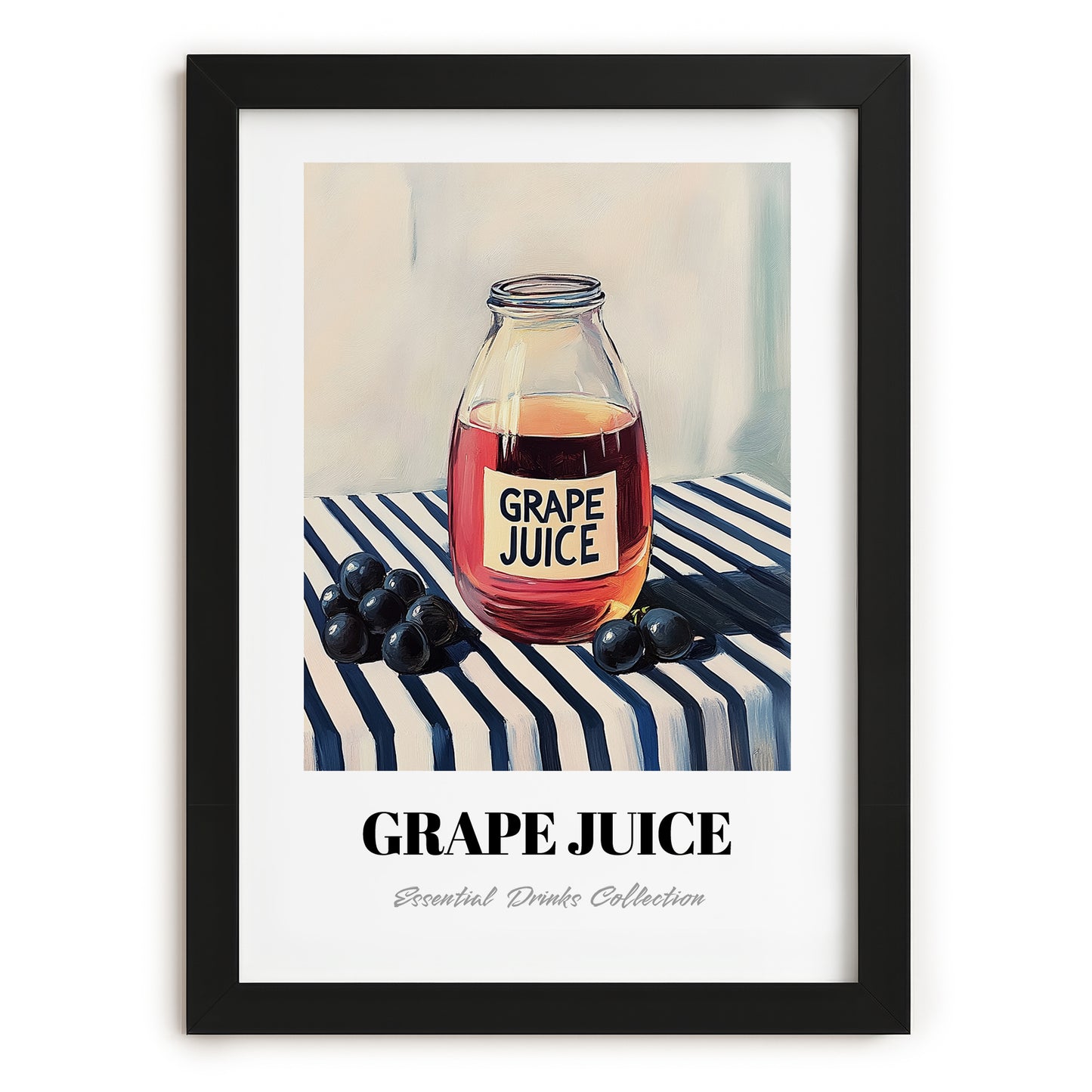 Grape Juice – on Striped Tablecloth, Lemonade Print, in sleek black frame