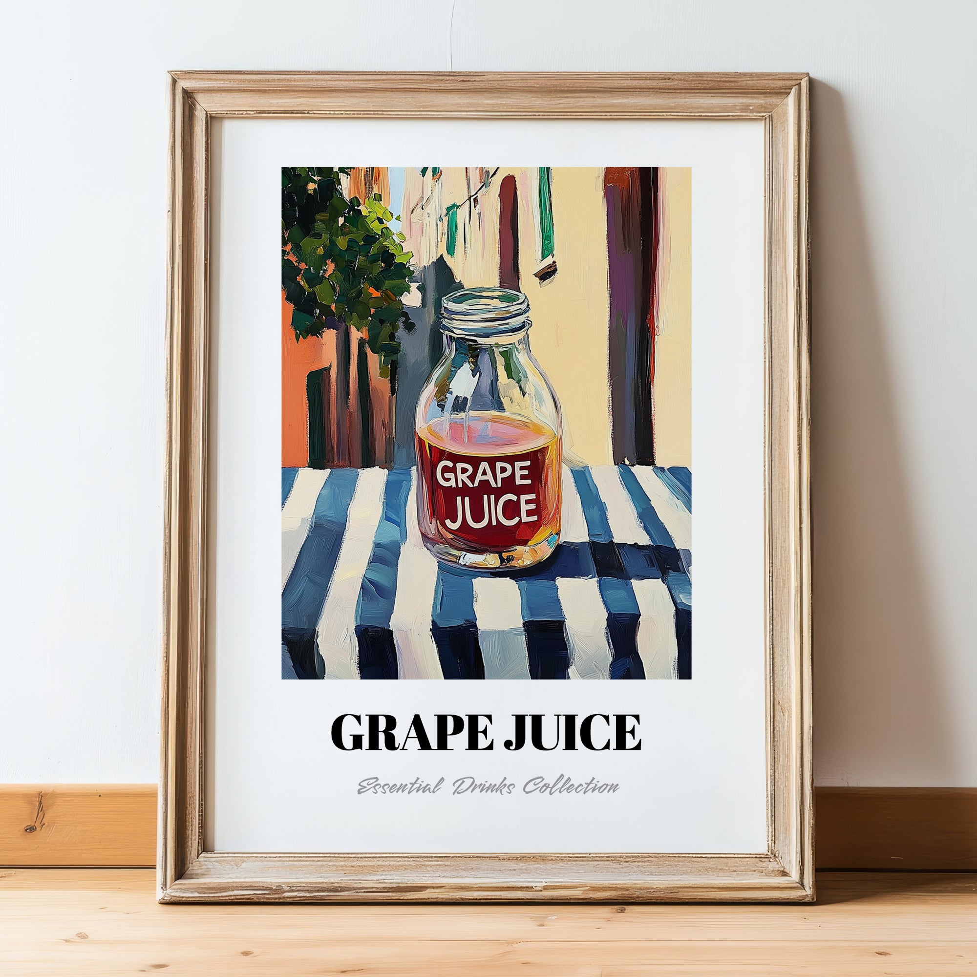 Grape Juice – Italian Café on the Corner, Lemonade Wall Illustration, in wooden frame leaning on the floor