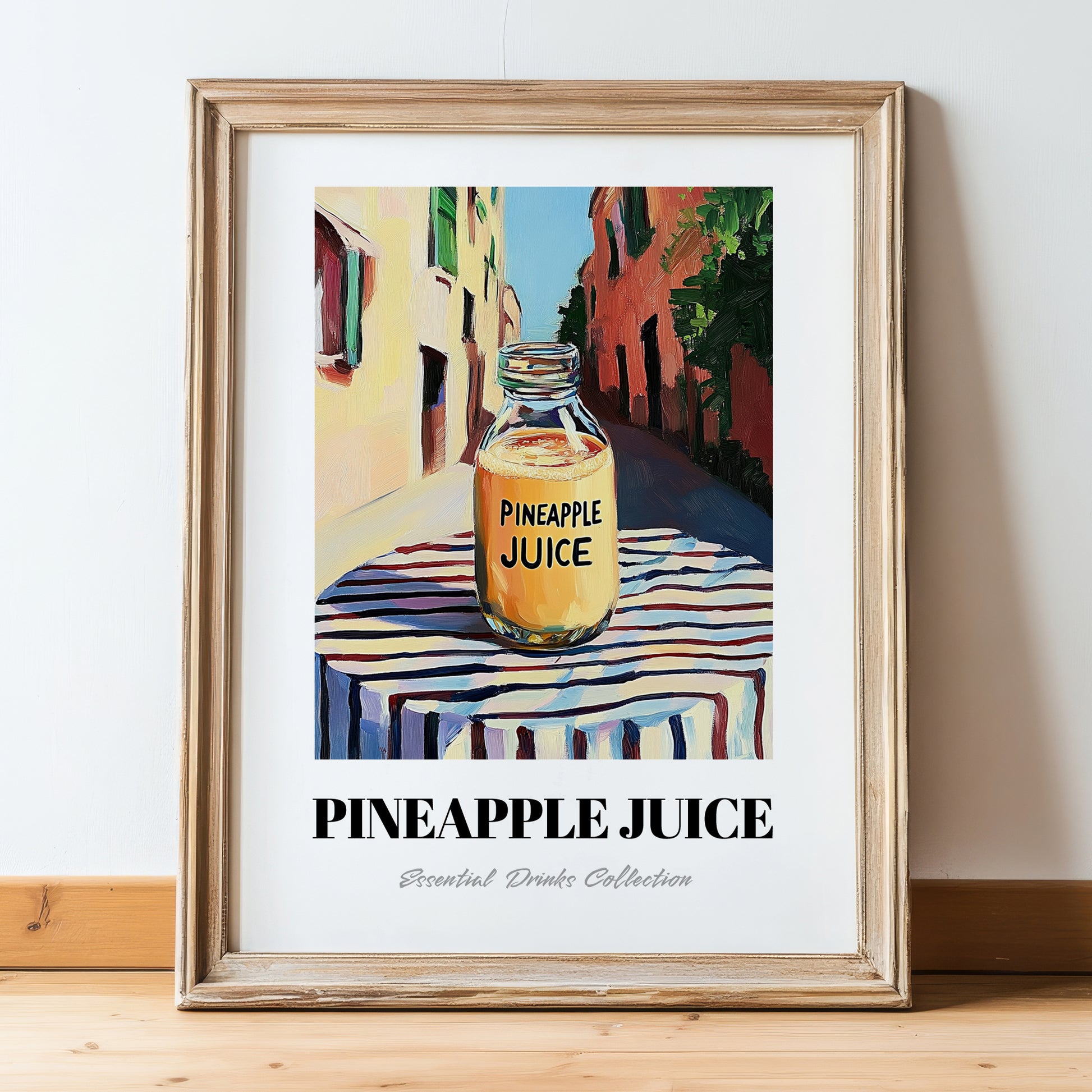 Pineapple Juice – Italian Urban Café Scene, Lemonade Poster, in wooden frame leaning on the floor