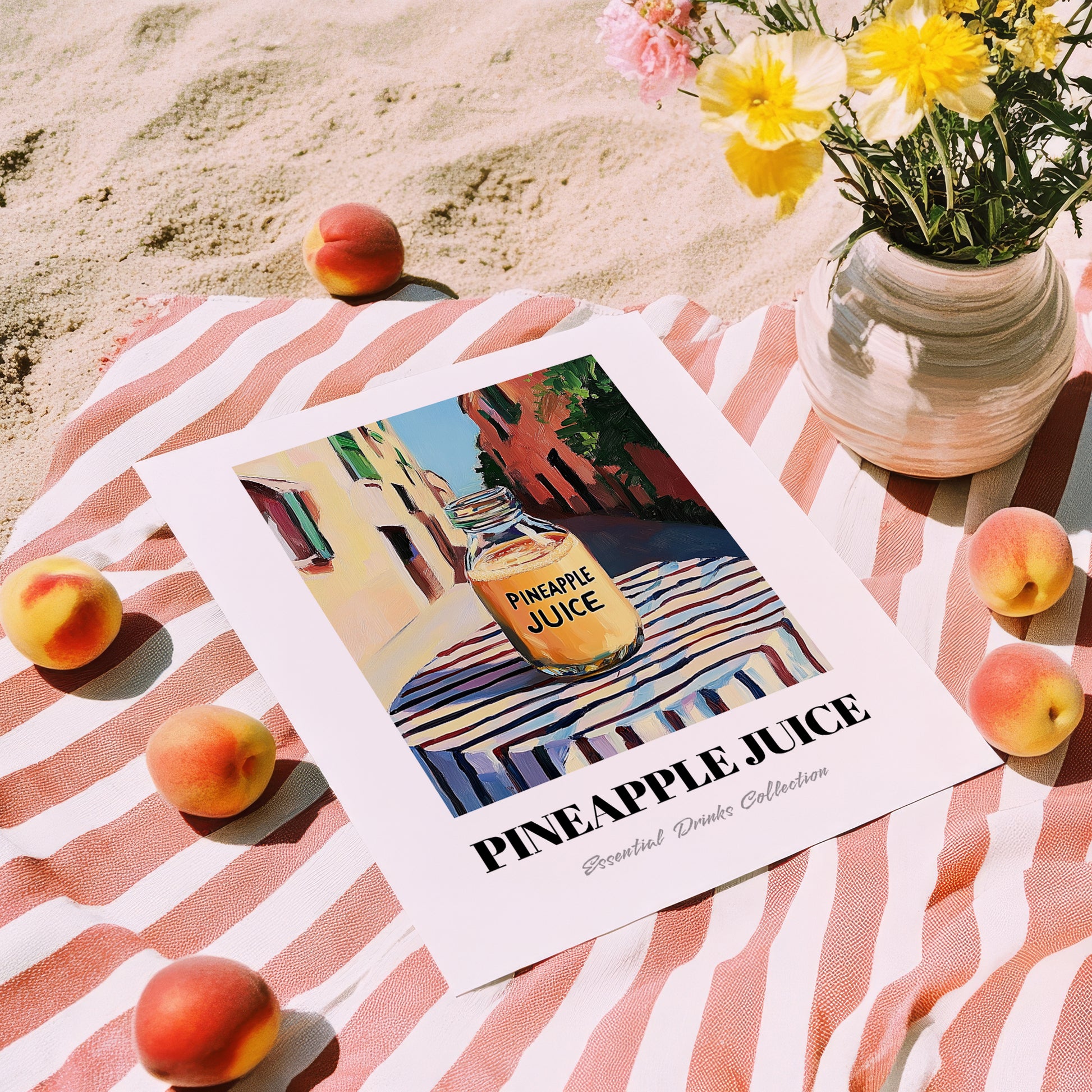 Pineapple Juice – Italian Urban Café Scene, Lemonade Poster, unframed on coastal sand
