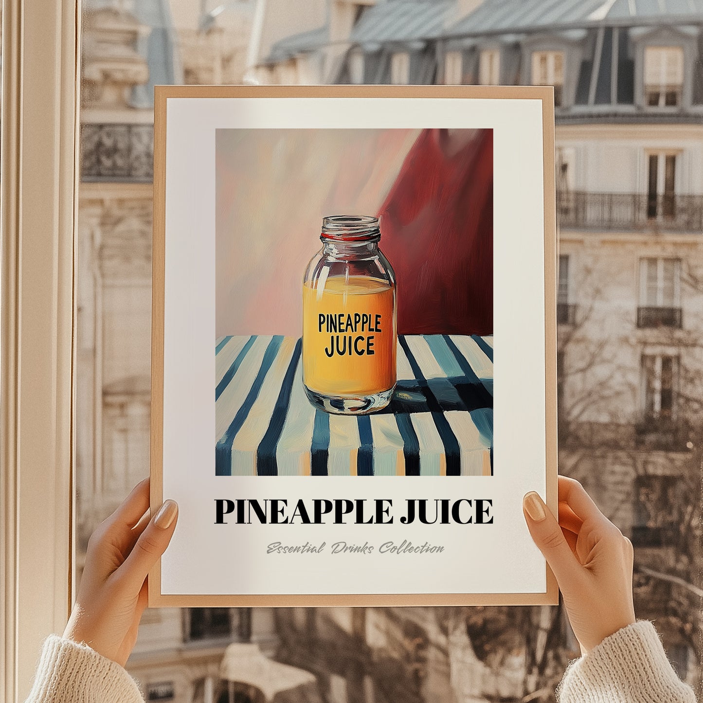 Pineapple Juice – on Striped Tablecloth, Lemonade Wall Decor, styled in a charming Paris street view