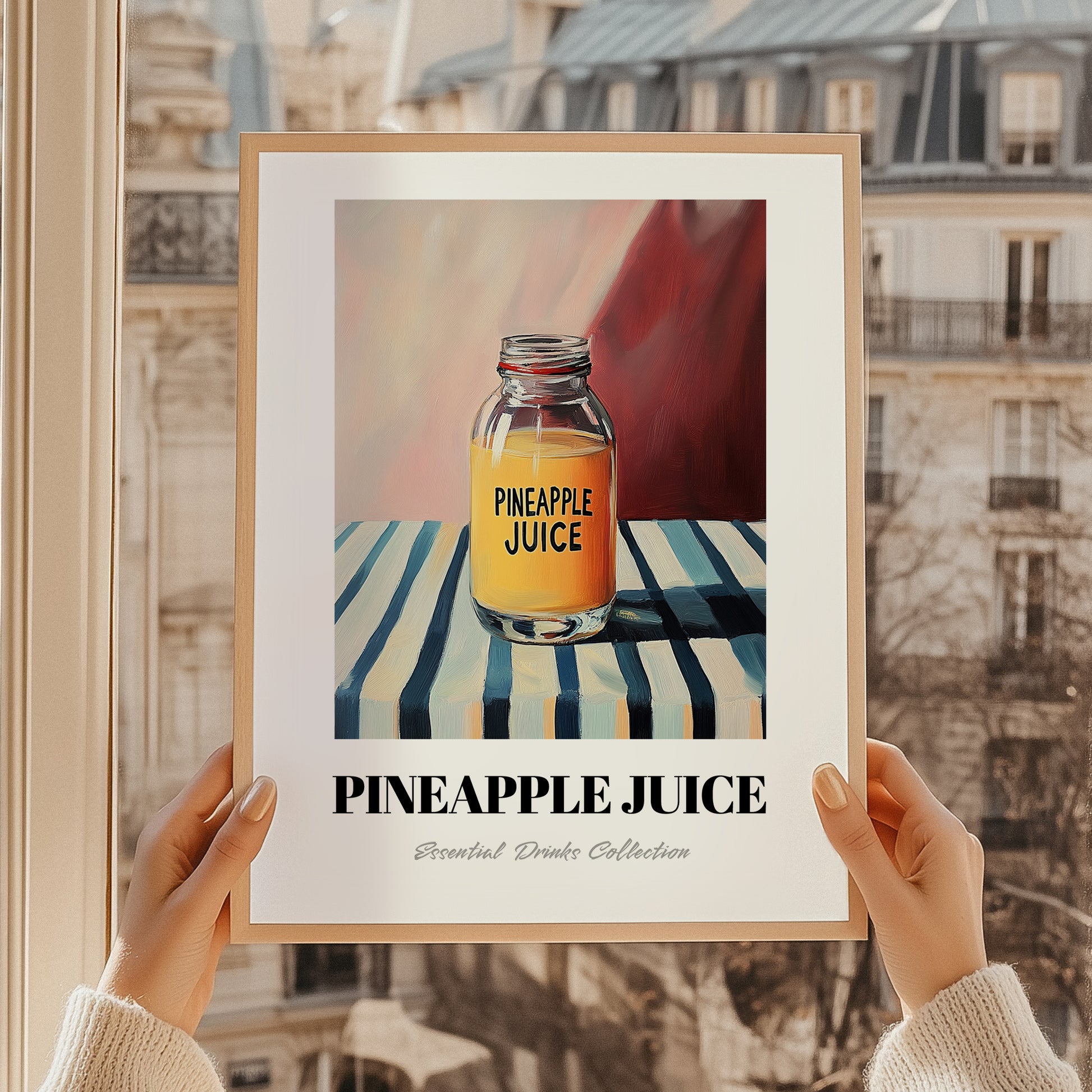 Pineapple Juice – on Striped Tablecloth, Lemonade Wall Decor, styled in a charming Paris street view
