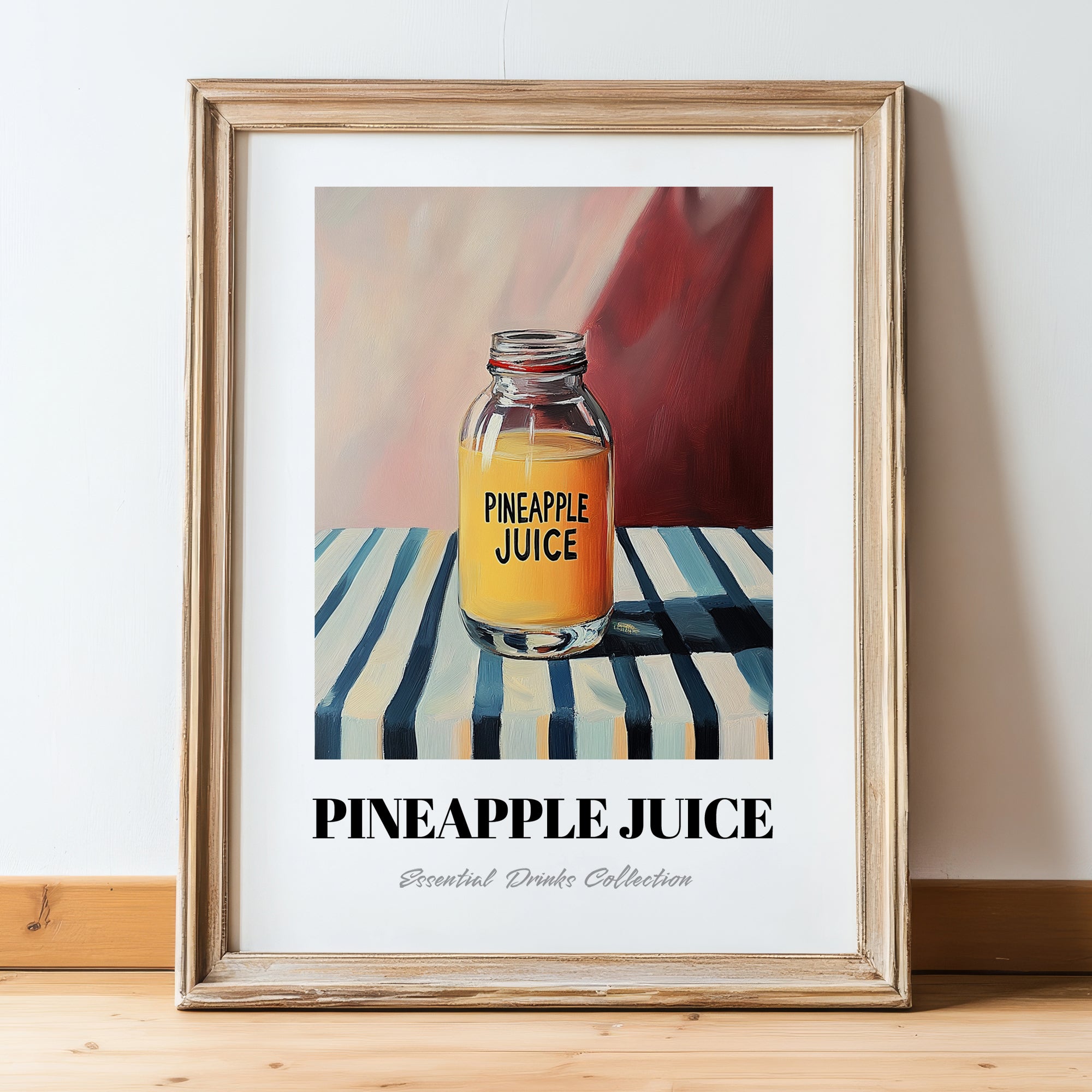 Pineapple Juice – on Striped Tablecloth, Lemonade Wall Decor, in wooden frame leaning on the floor