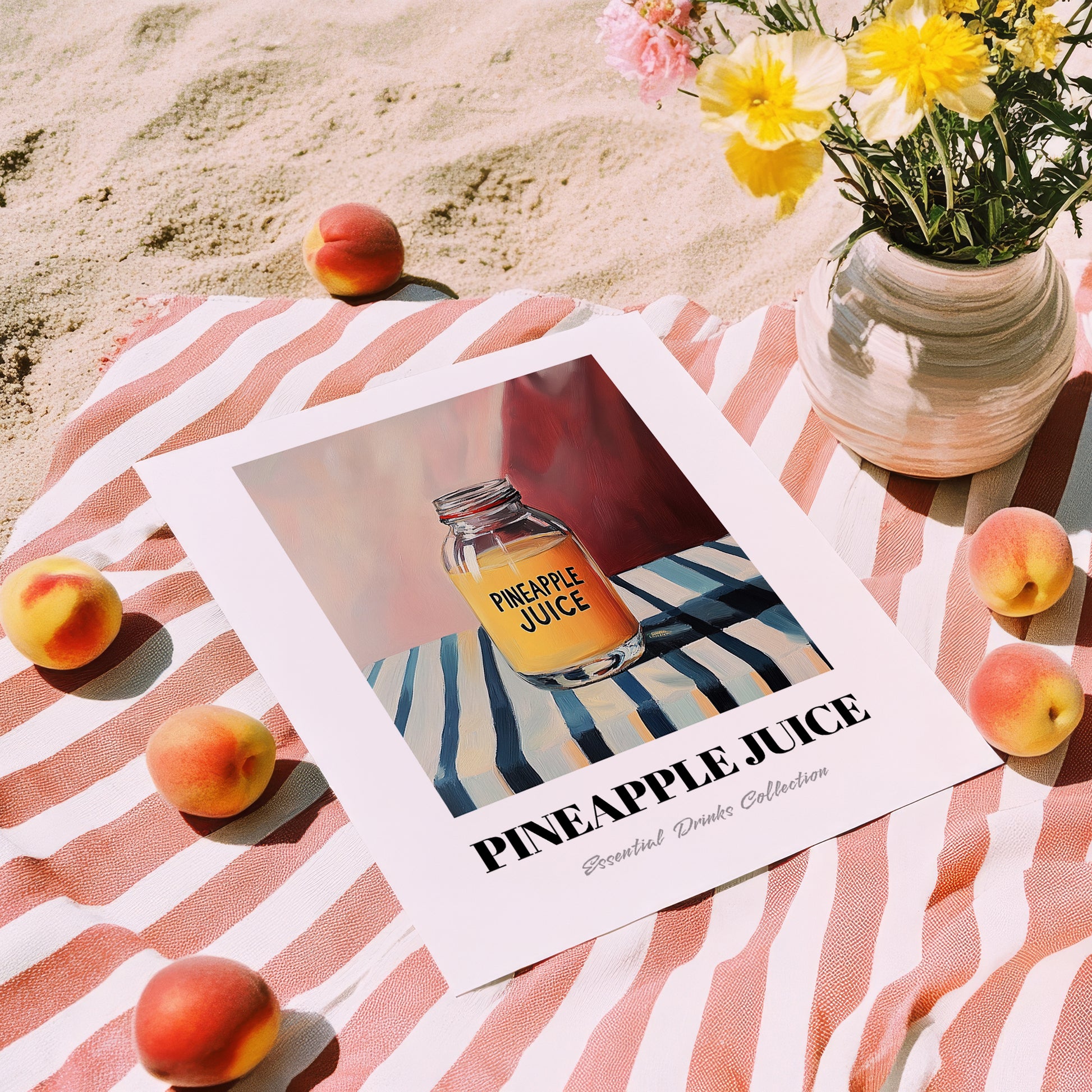 Pineapple Juice – on Striped Tablecloth, Lemonade Wall Decor, unframed on coastal sand