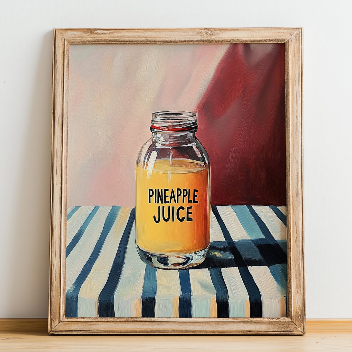 Pineapple Juice – on Striped Tablecloth, Lemonade Wall Decor, no-text version framed in wood