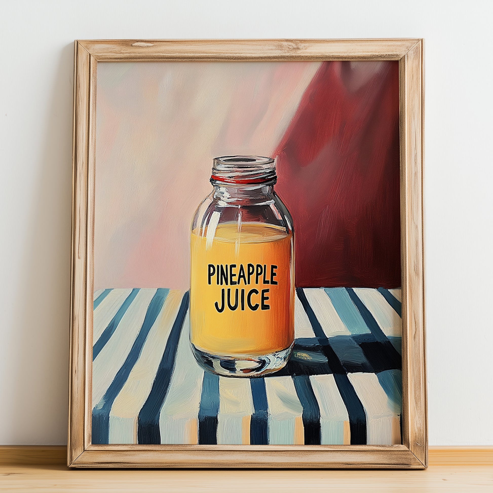 Pineapple Juice – on Striped Tablecloth, Lemonade Wall Decor, no-text version framed in wood
