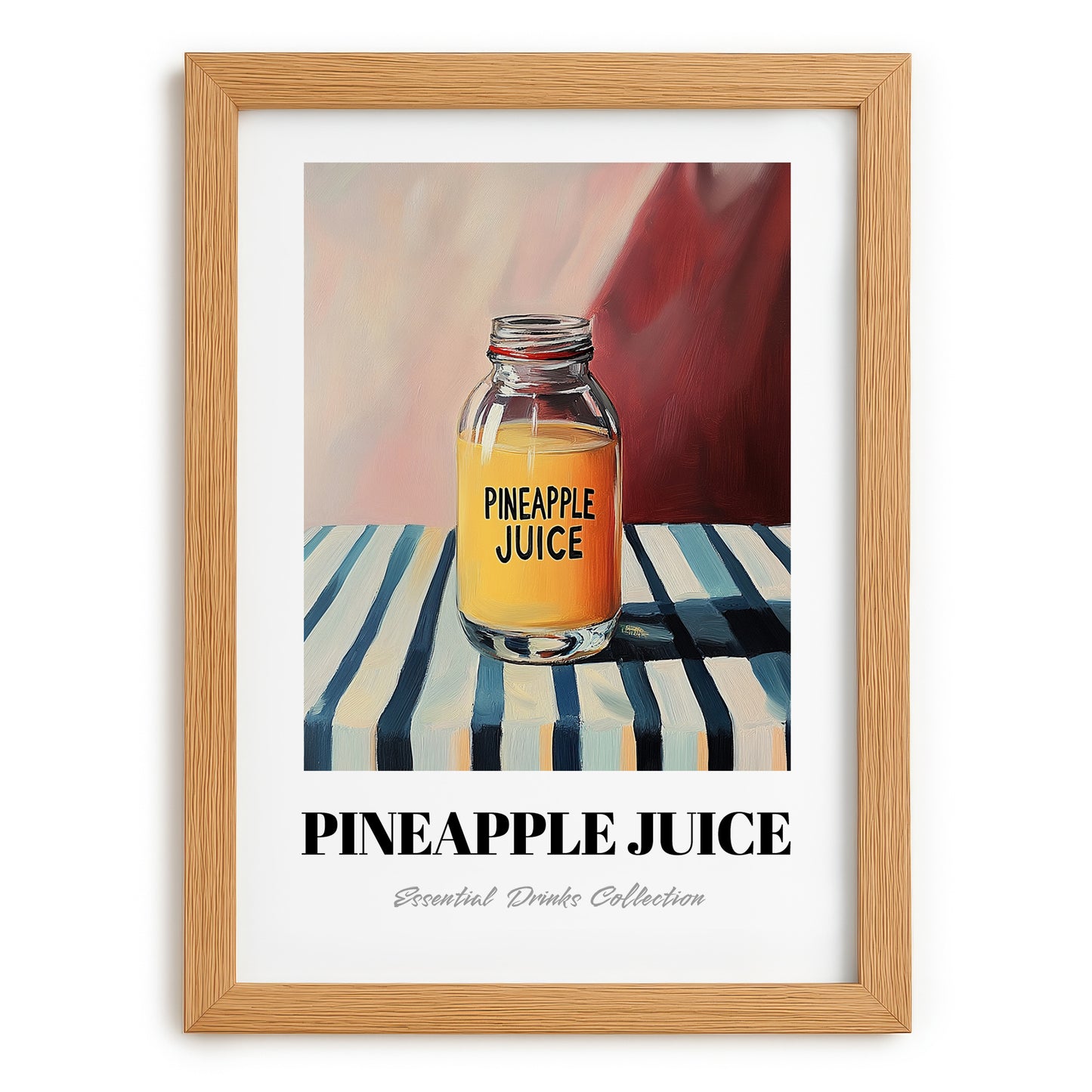 Pineapple Juice – on Striped Tablecloth, Lemonade Wall Decor, set in oak frame