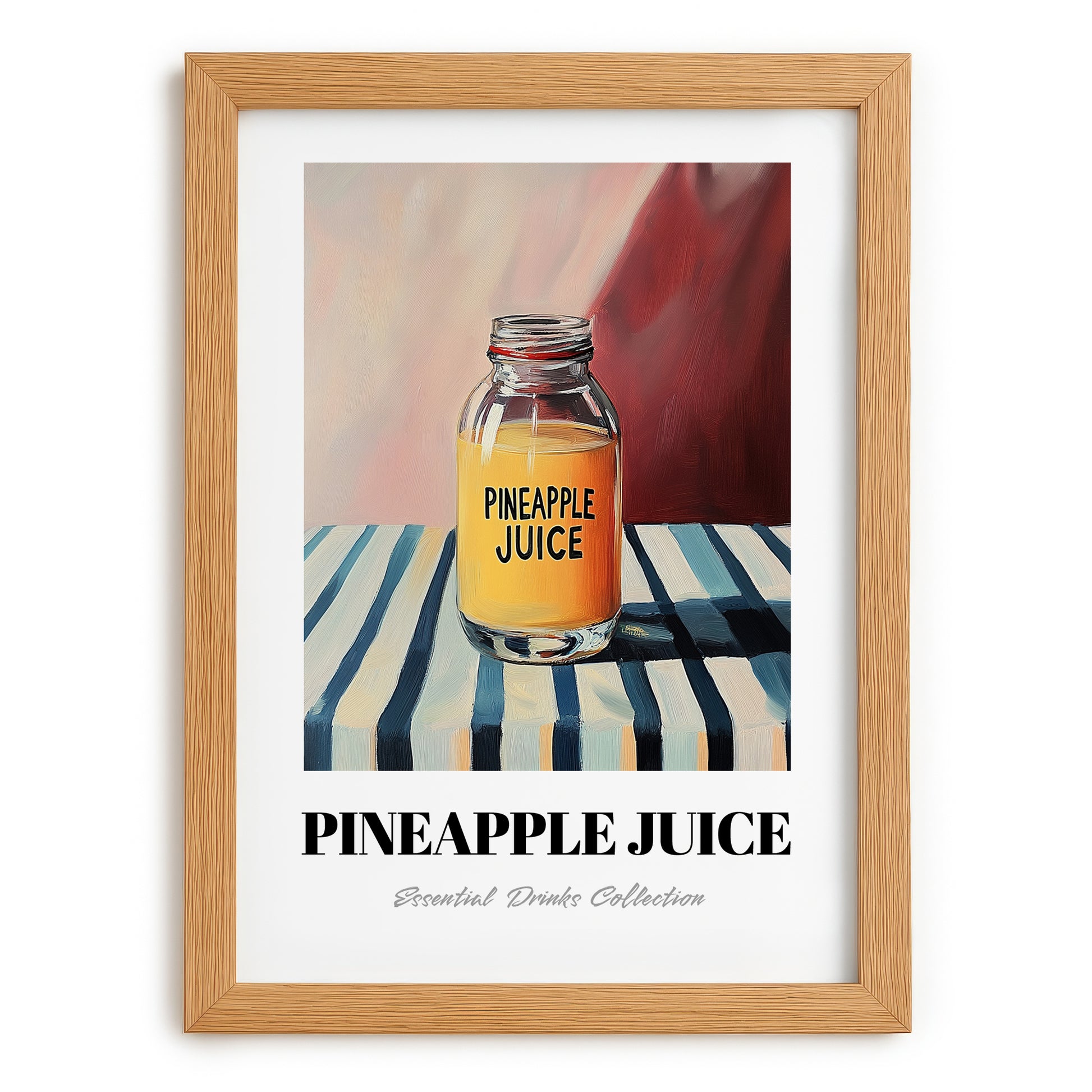 Pineapple Juice – on Striped Tablecloth, Lemonade Wall Decor, set in oak frame