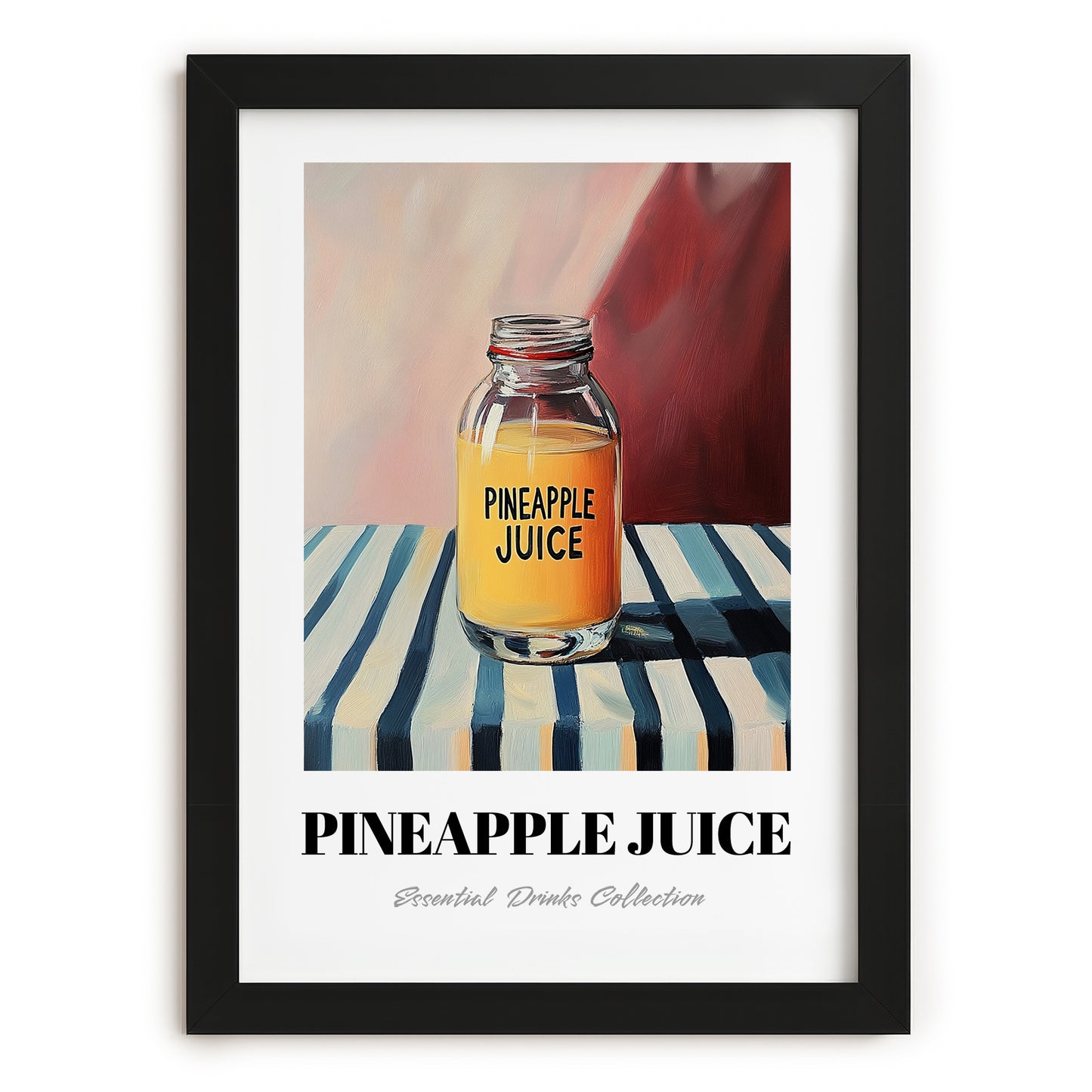 Pineapple Juice – on Striped Tablecloth, Lemonade Wall Decor, in sleek black frame
